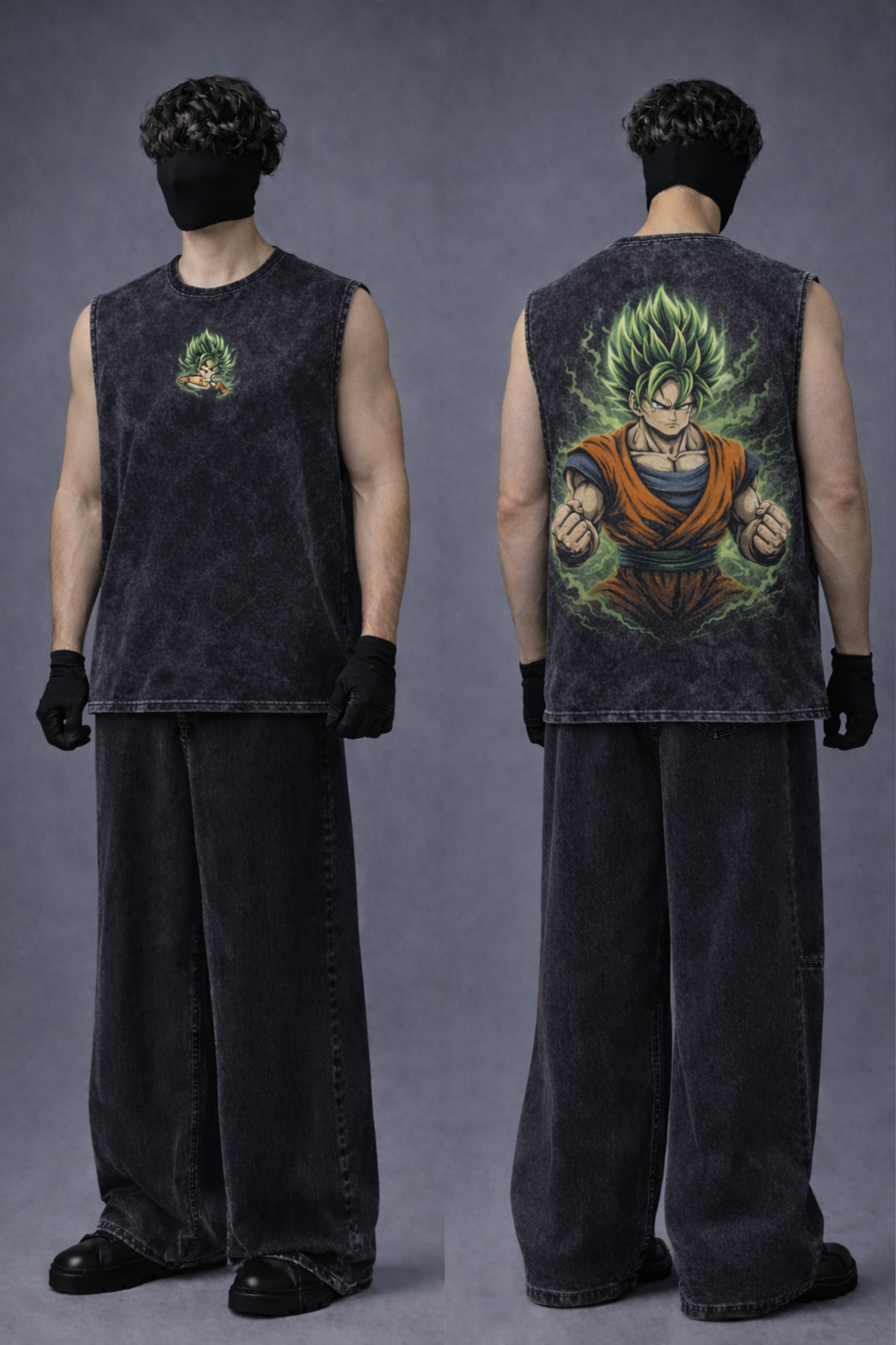 SAIYAN RAGE Oversized Gym Vest - Acid Wash BLACK