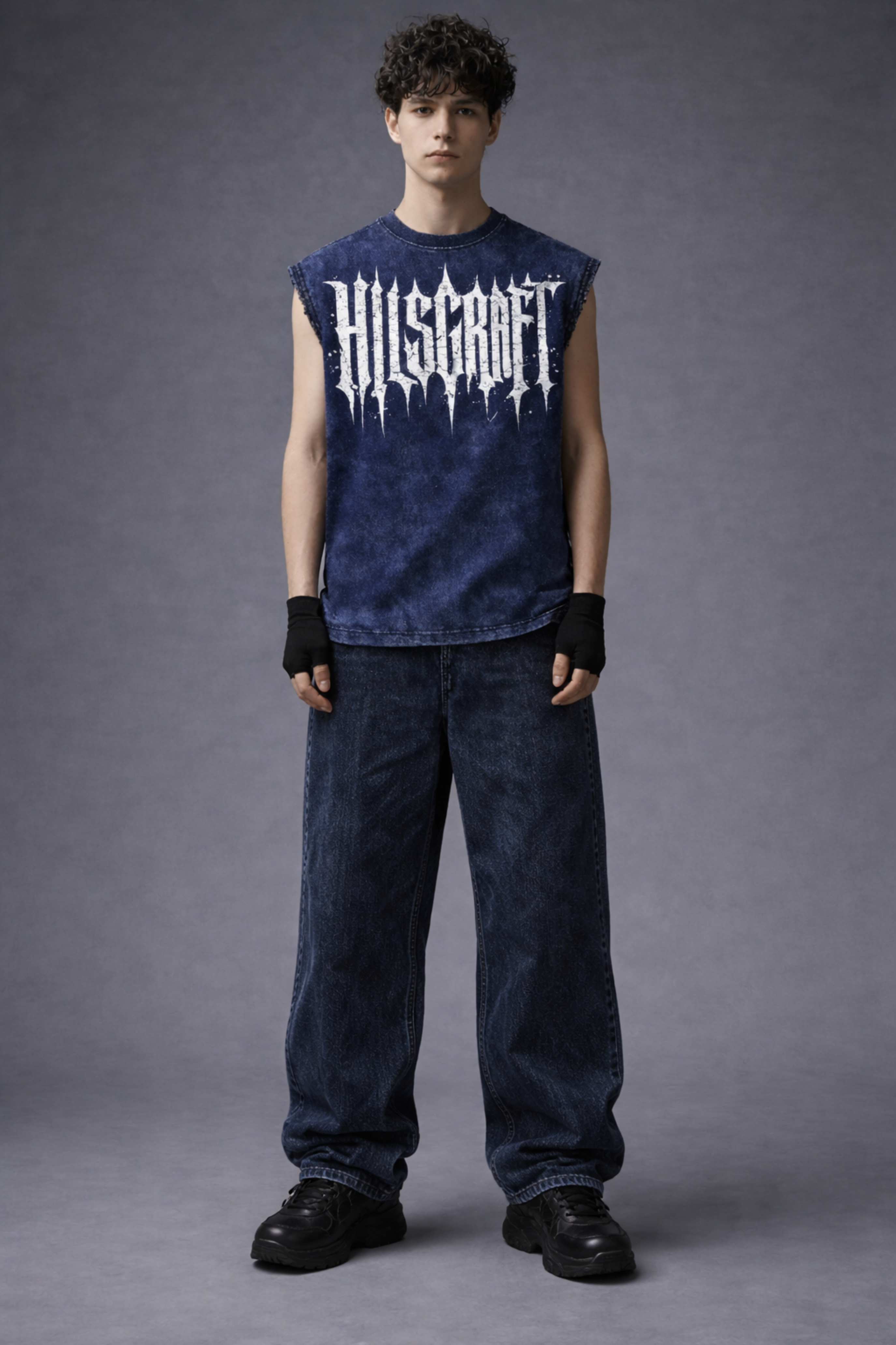 HILLSCRAFT Oversized Gym Vest - Acid Wash BLUE