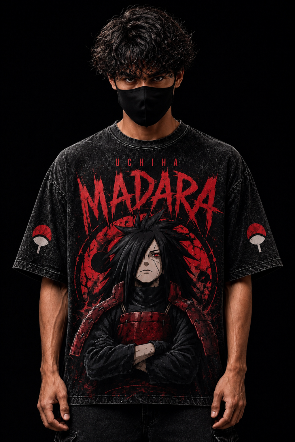 Uchiha Madara Acidwash Oversized Tee – Black