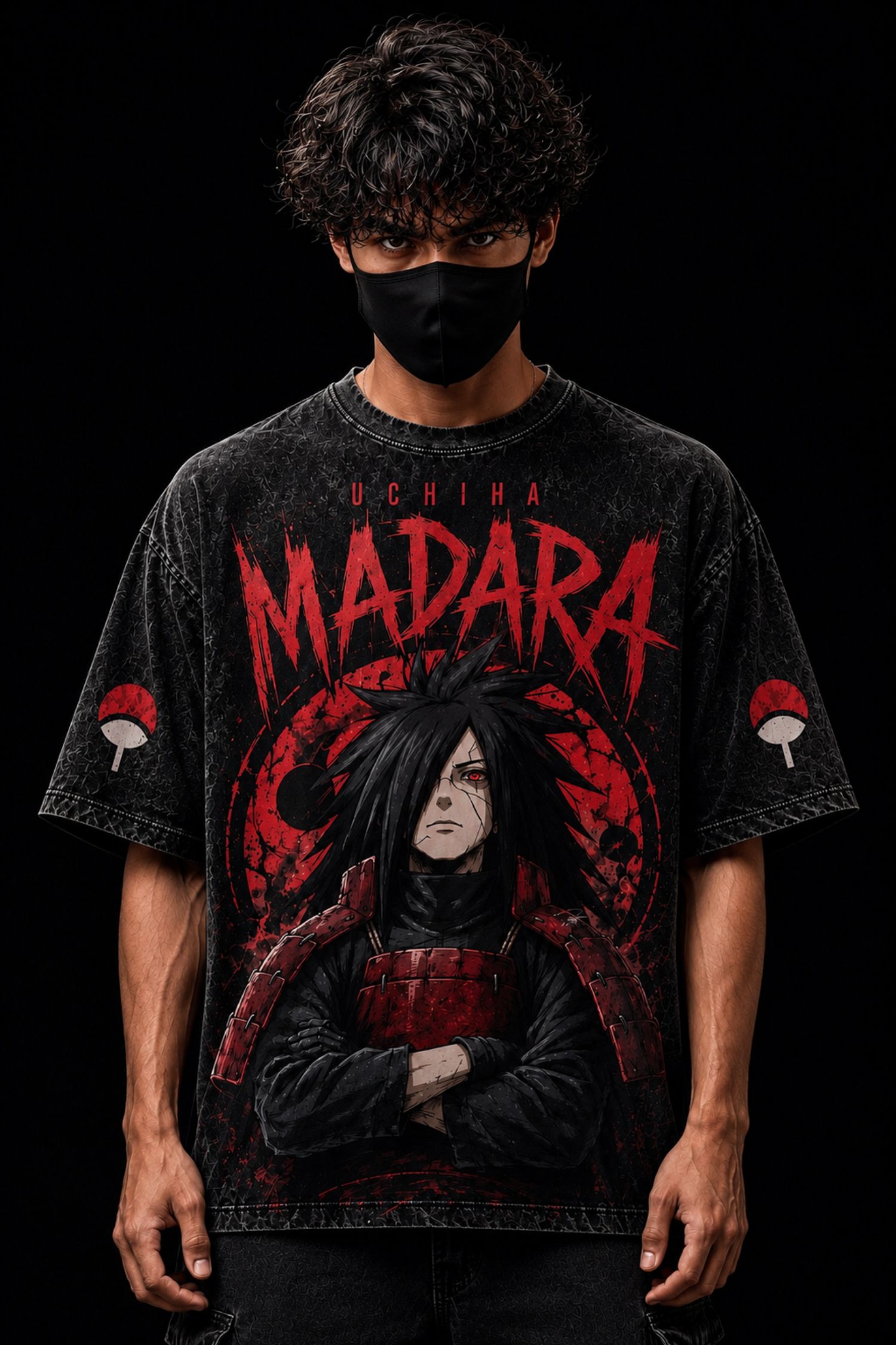 Uchiha Madara Acidwash Oversized Tee – Black