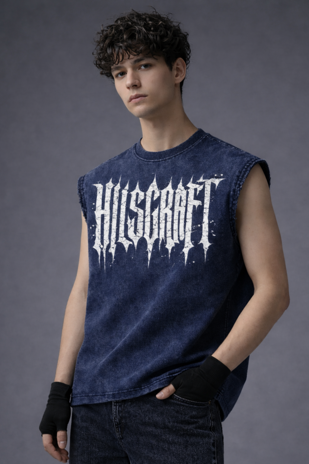 HILLSCRAFT Oversized Gym Vest - Acid Wash BLUE