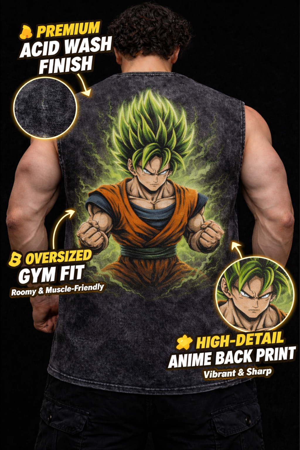 SAIYAN RAGE Oversized Gym Vest - Acid Wash BLACK