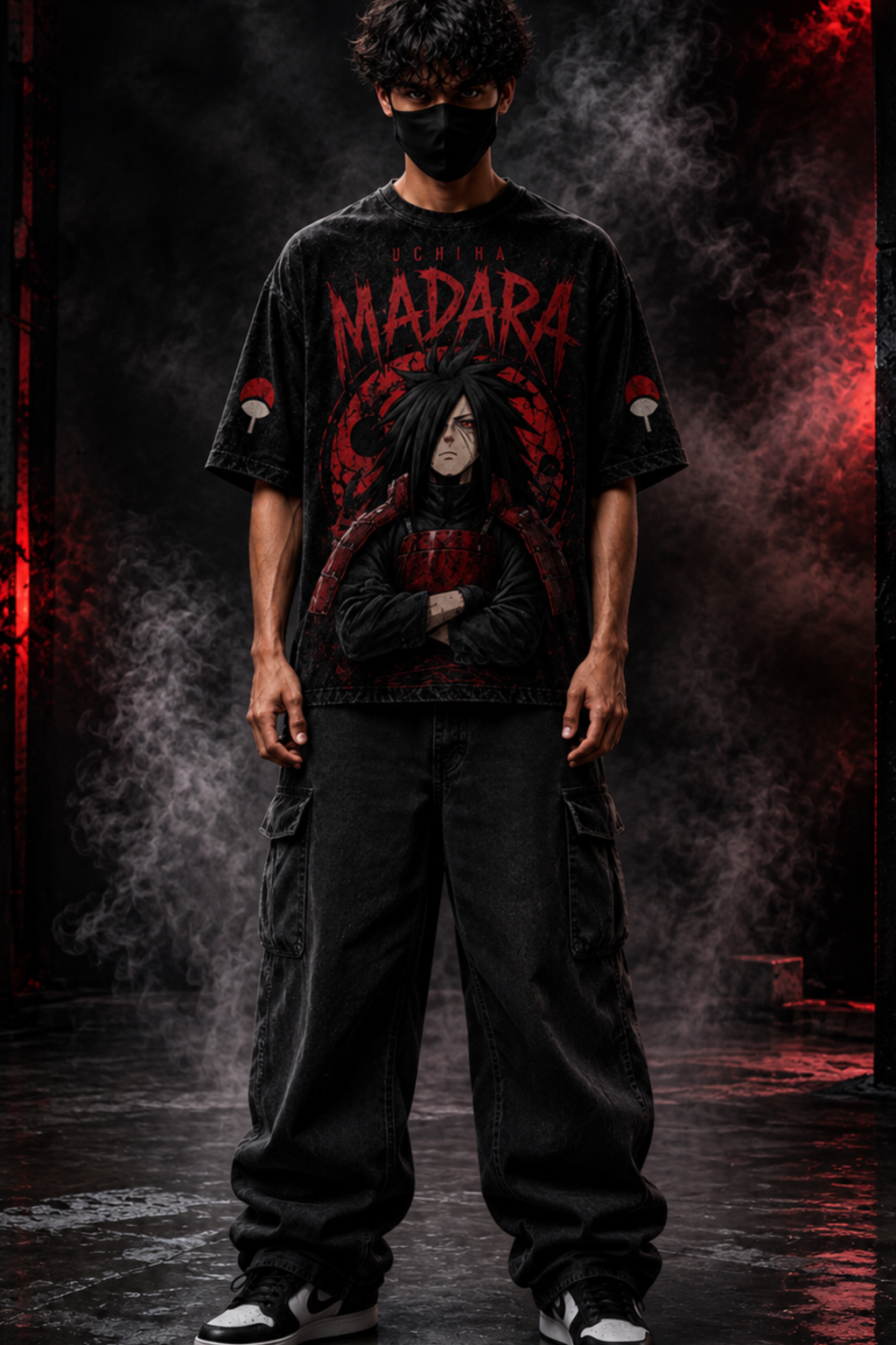 Uchiha Madara Acidwash Oversized Tee – Black