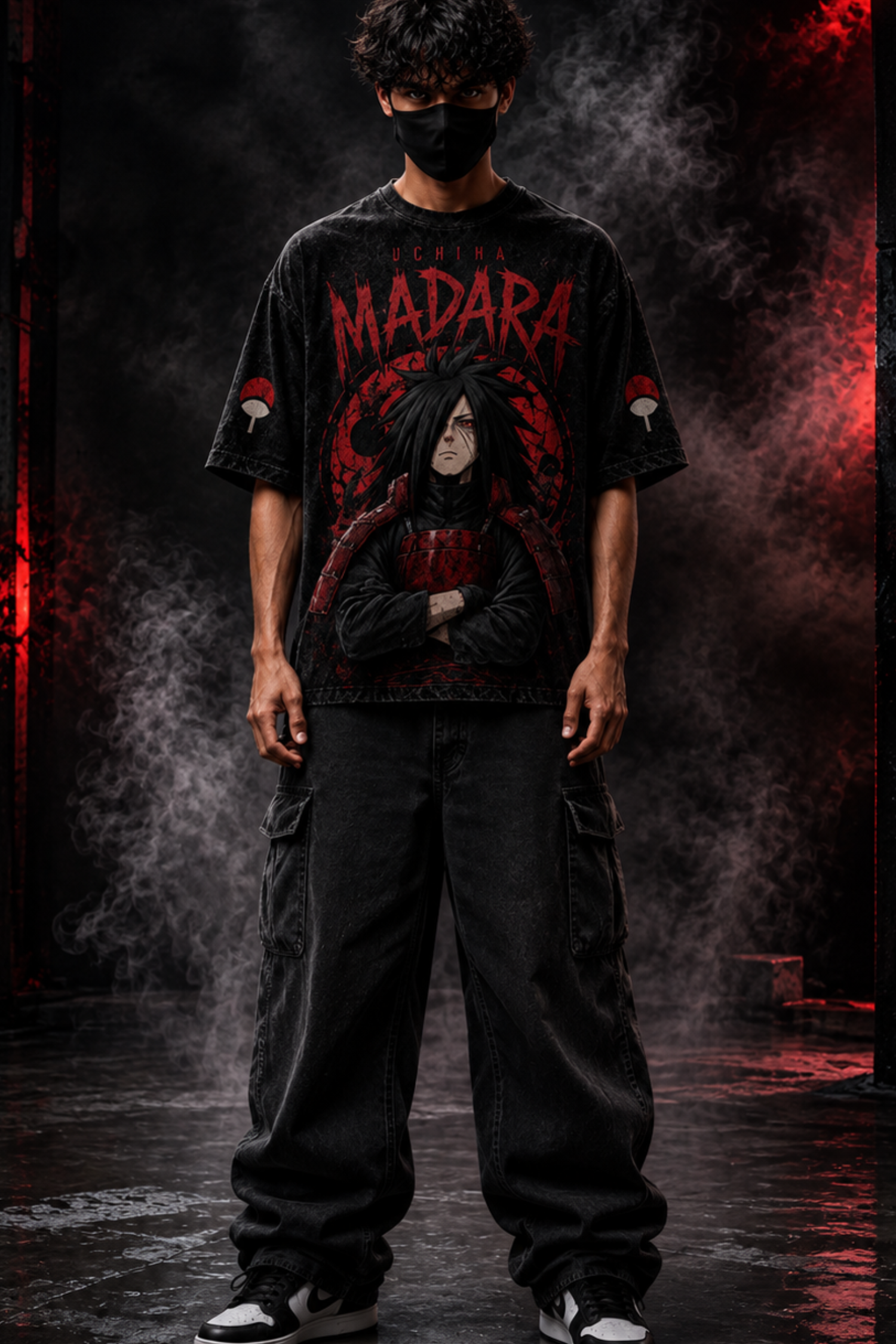 Uchiha Madara Acidwash Oversized Tee – Black