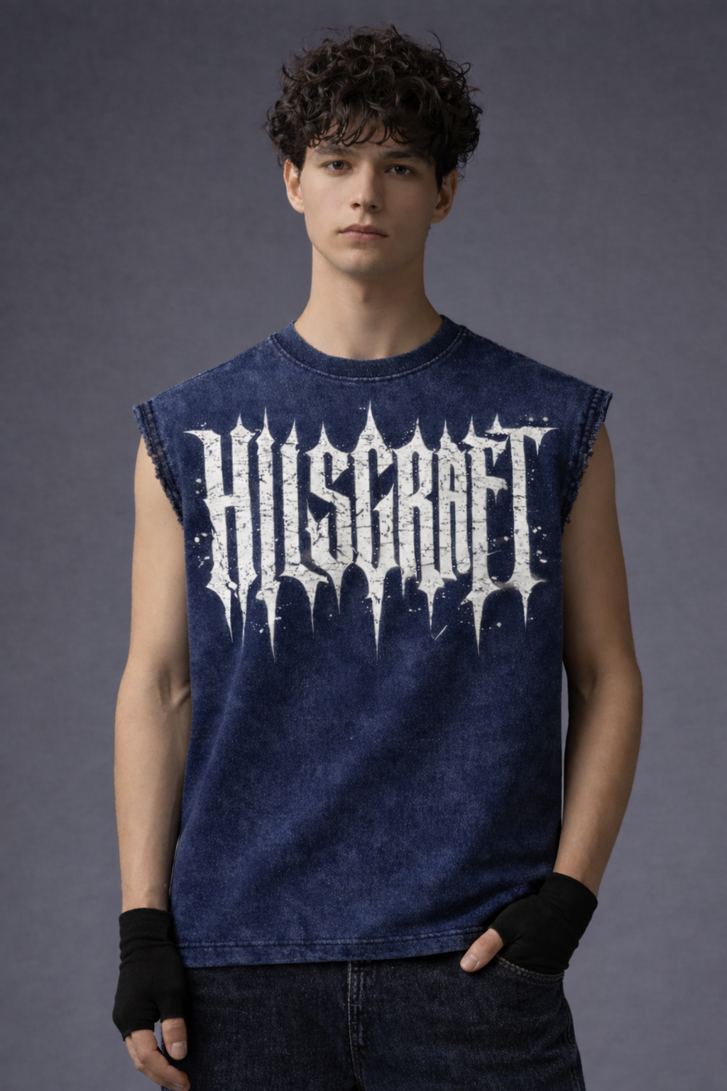 HILLSCRAFT Oversized Gym Vest - Acid Wash BLUE
