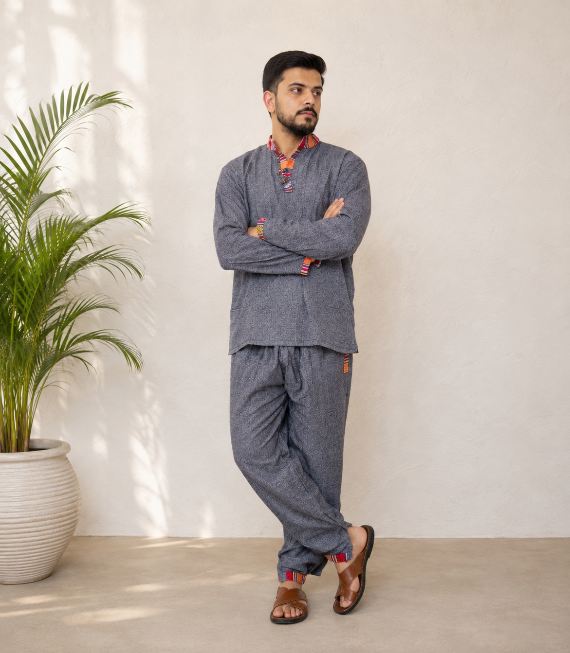 Himachali Cotton Kurta - Pajama Set - Dark Grey