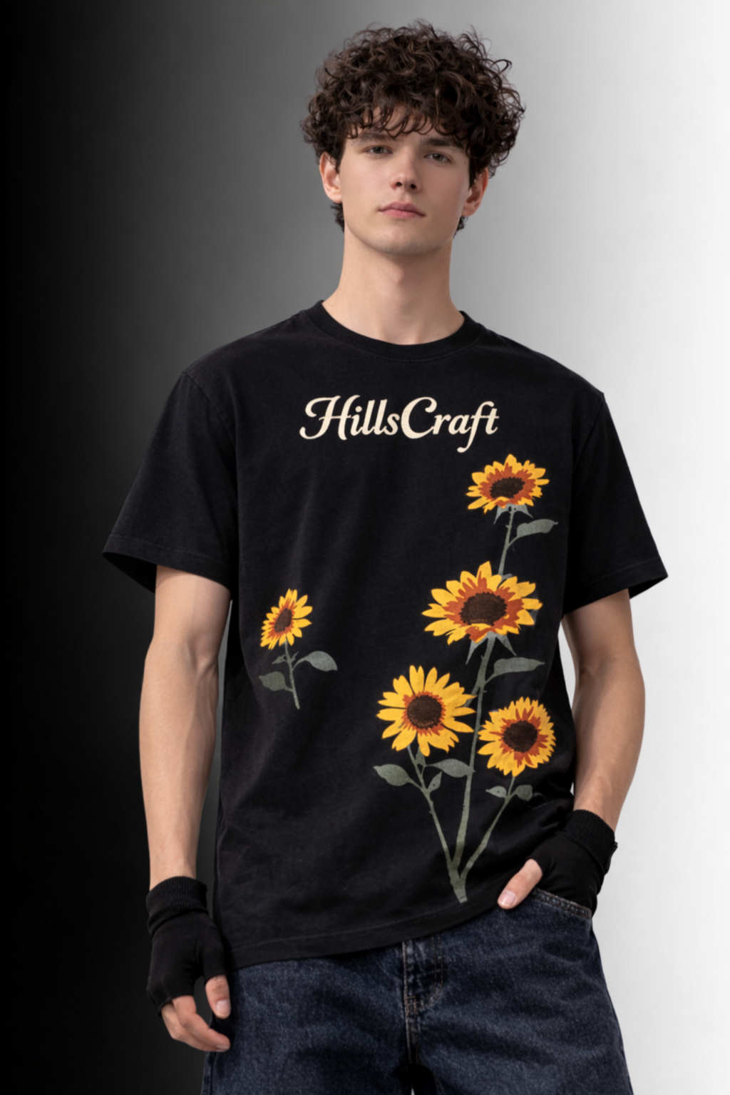 Hillscraft Sunflower Regular Fit T-Shirt- Black