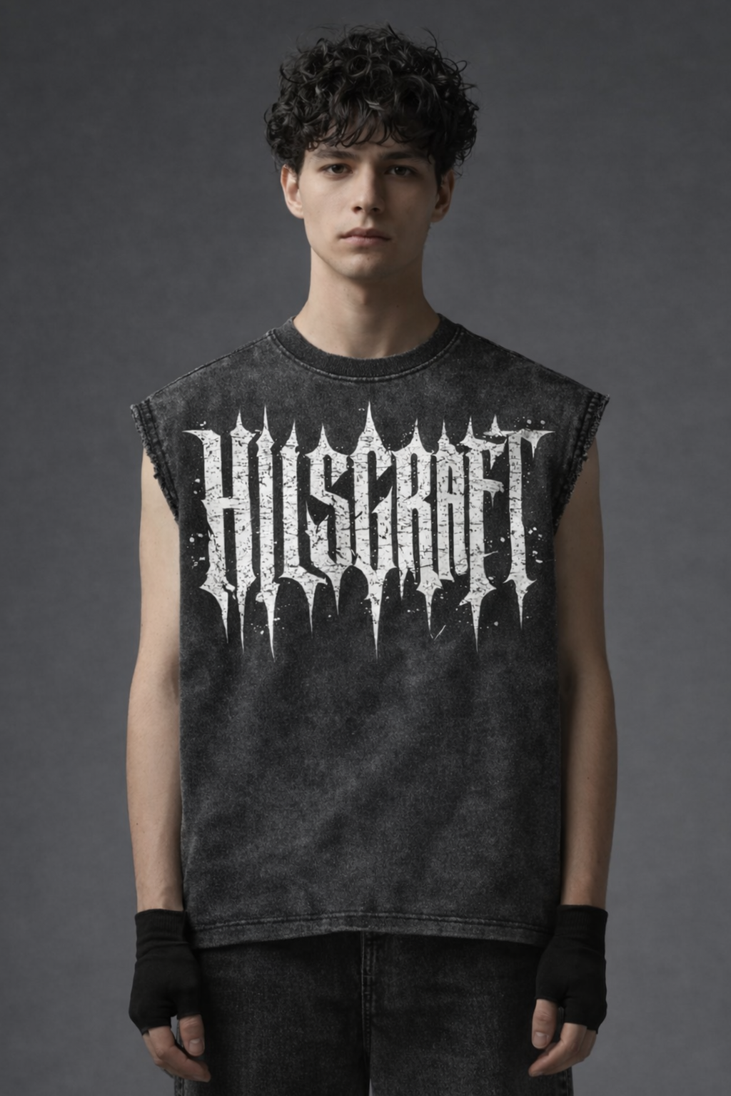 HILLSCRAFT Oversized Gym Vest - Acid Wash BLACK