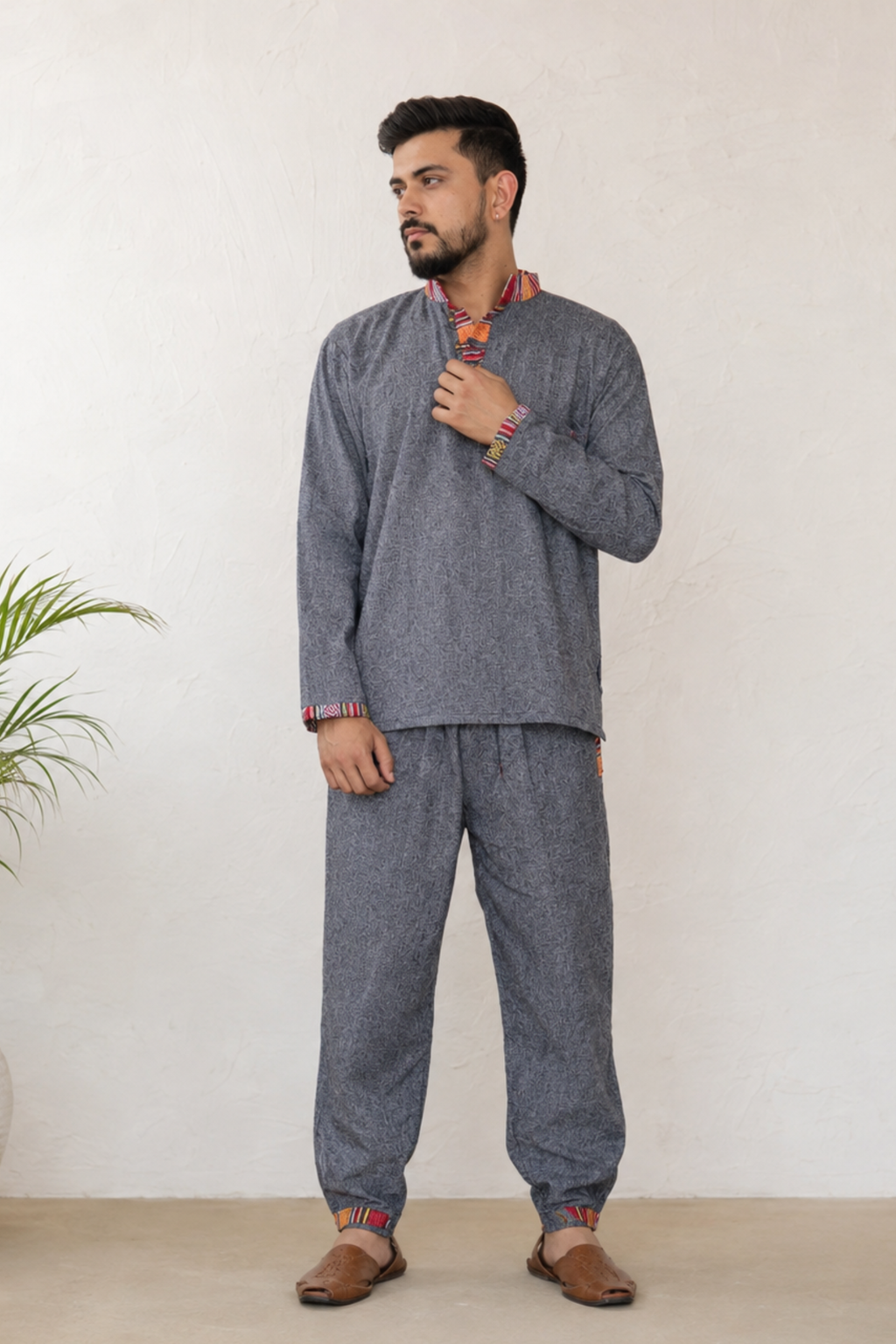 Himachali Cotton Kurta - Pajama Set - Dark Grey