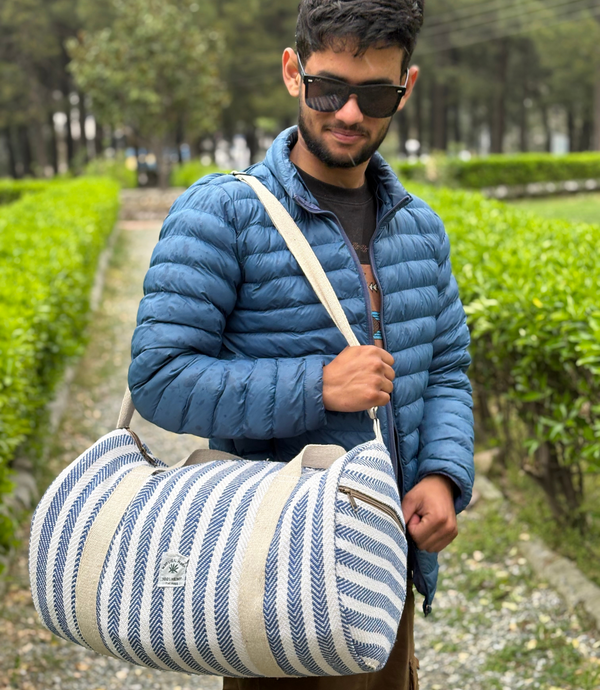 Hemp Duffle GYM Bag - Blue - White