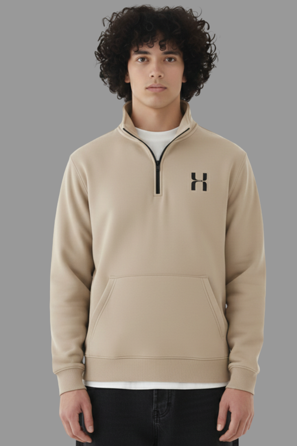 Half Zip Premium Hoodie- Beige