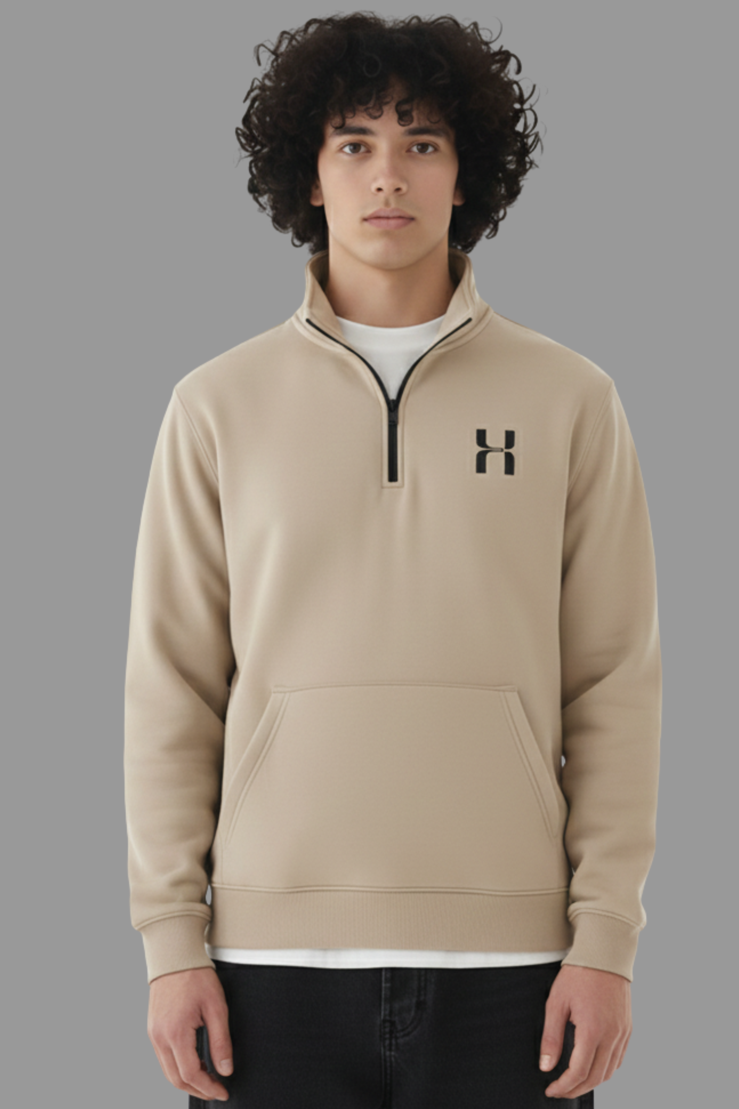 Half Zip Premium Hoodie- Beige