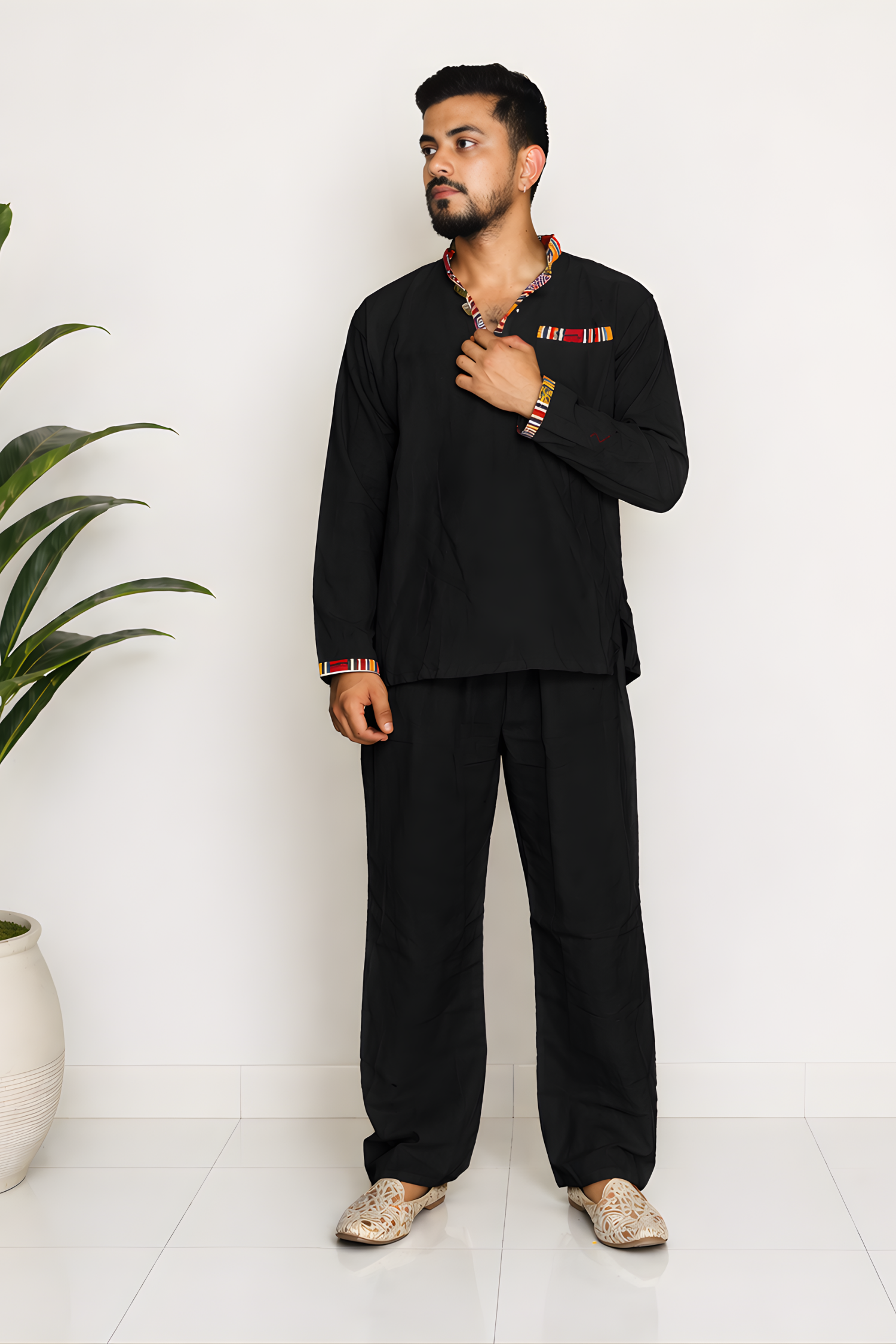 Pahadi Ethnic Kurta Pajama Set - BLACK