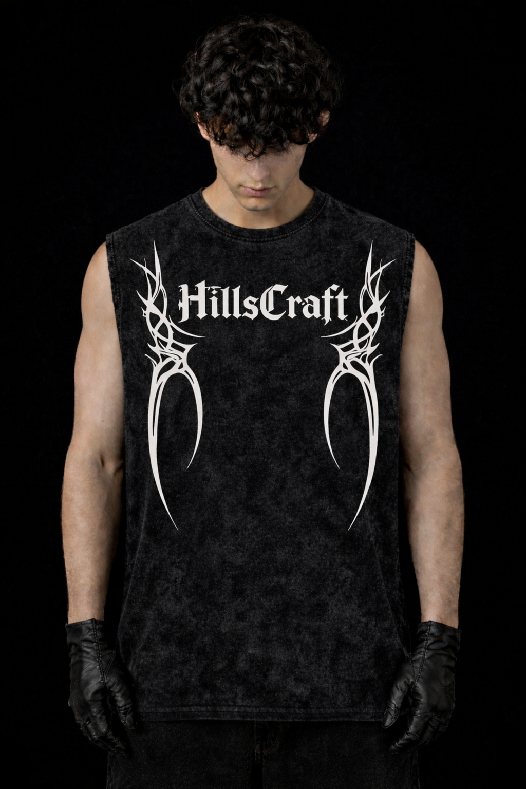 HILLSCRAFT TRIBAL Oversized Gym Vest - Acid Wash BLACK