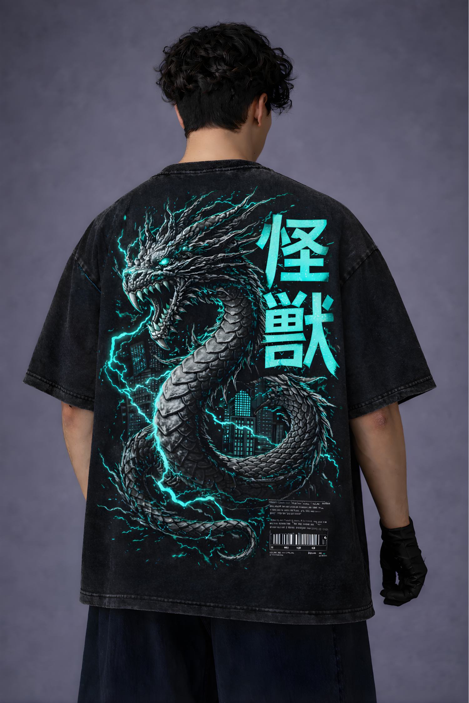 Kaiju Storm Acidwash Oversized Tee – Black