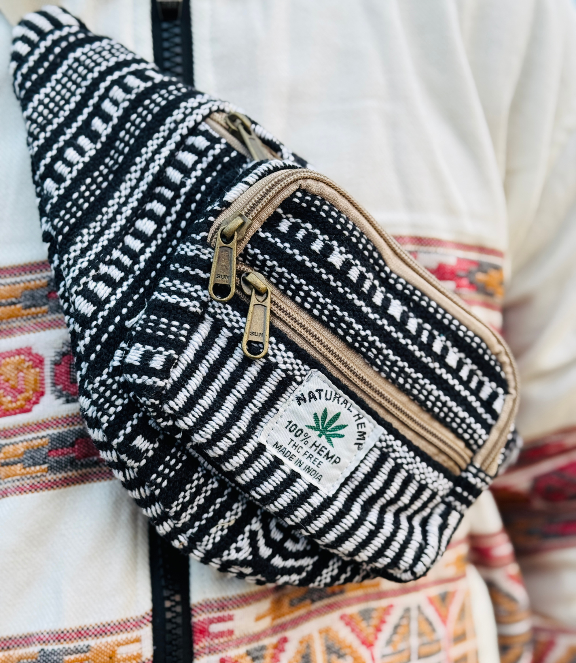 Hemp Waist Bag - Black - White