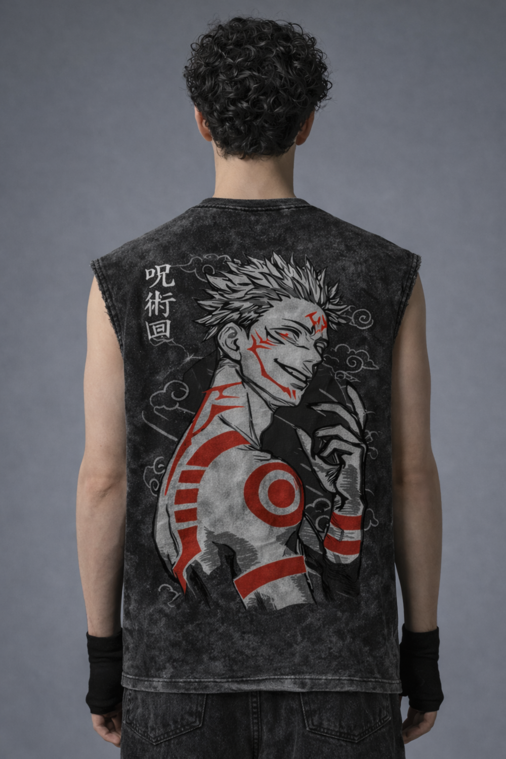SUKUNA Oversized Gym Vest - Acid Wash BLACK