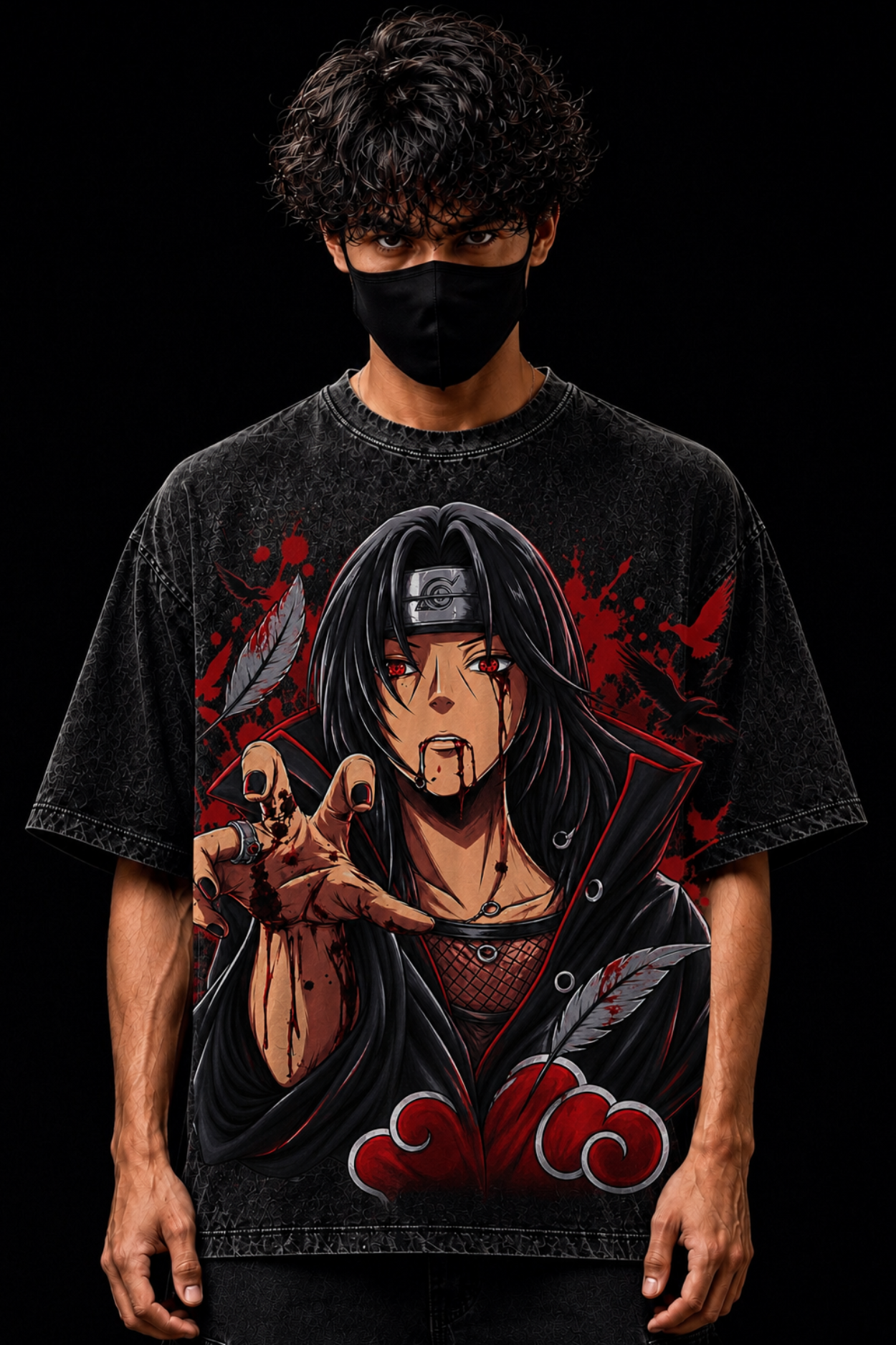 Itachi Uchiha Oversized Acidwash Tee– Black