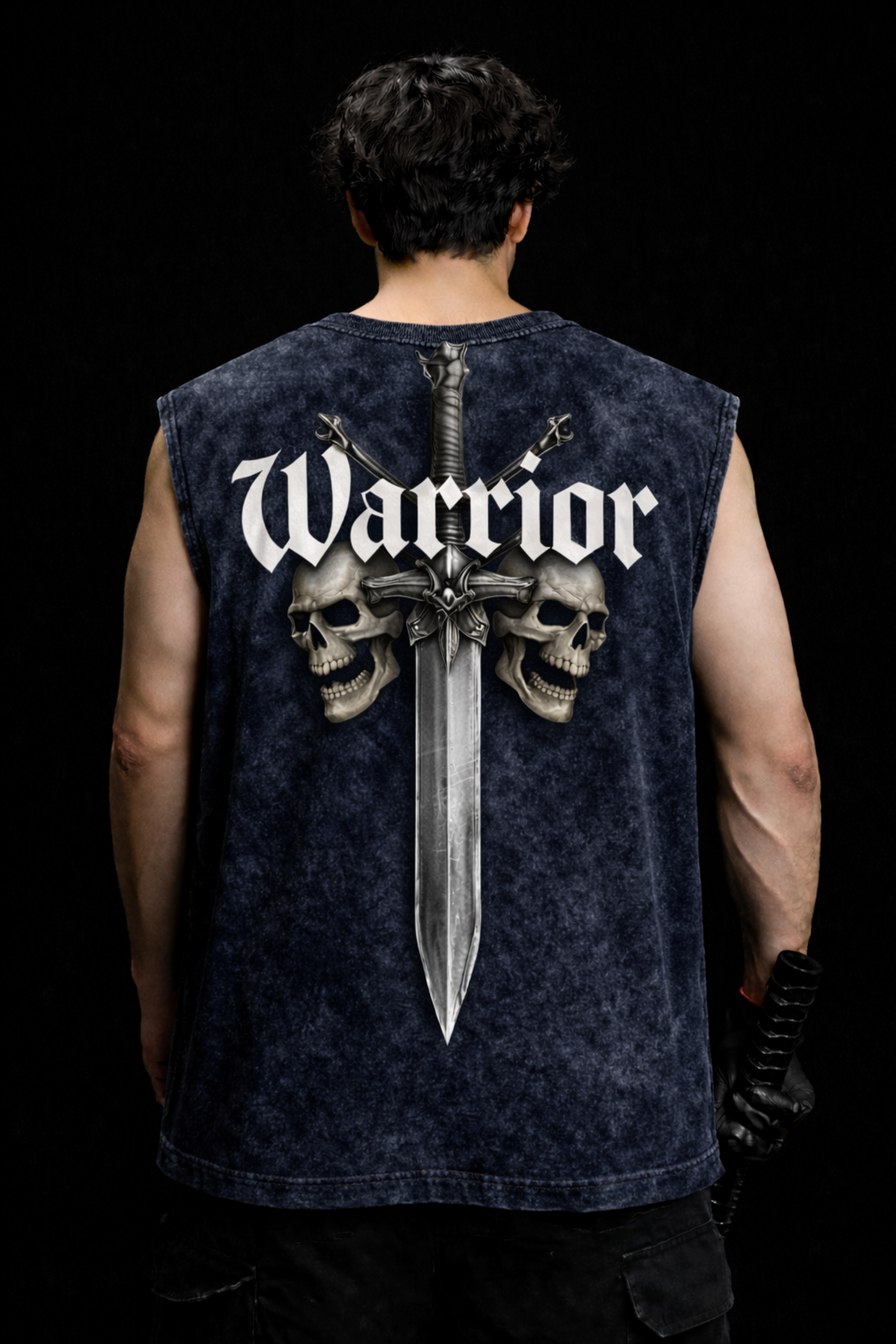 WARRIOR SKULL Oversized Gym Vest - Acid Wash BLUE