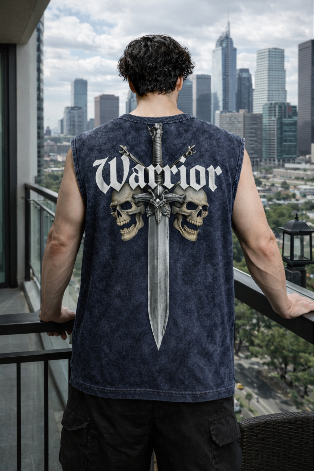 WARRIOR SKULL Oversized Gym Vest - Acid Wash BLUE