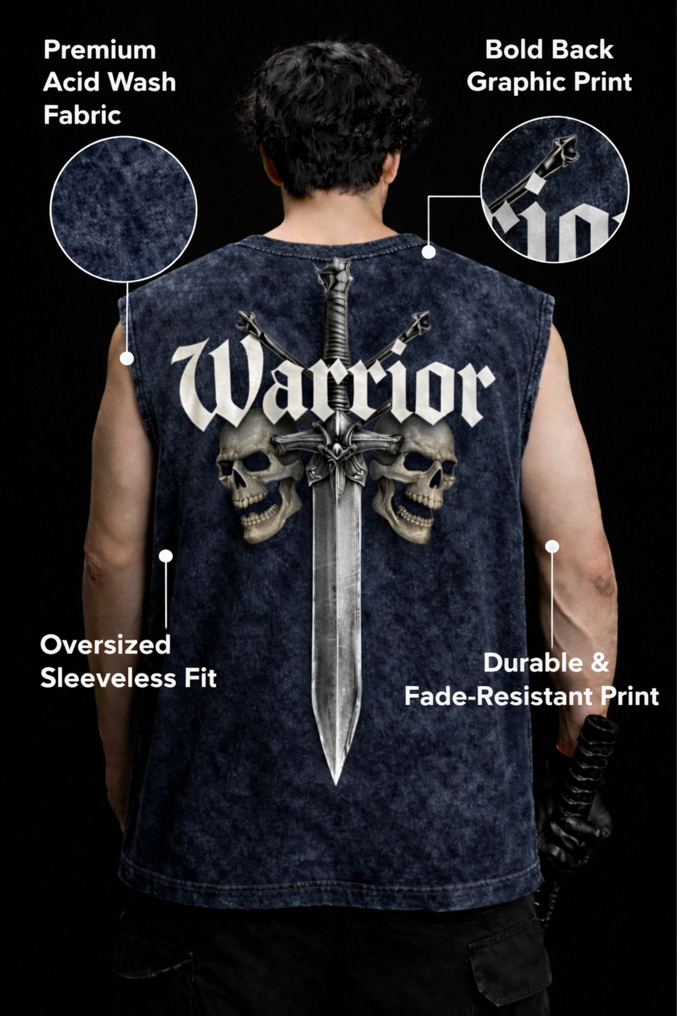 WARRIOR SKULL Oversized Gym Vest - Acid Wash BLUE