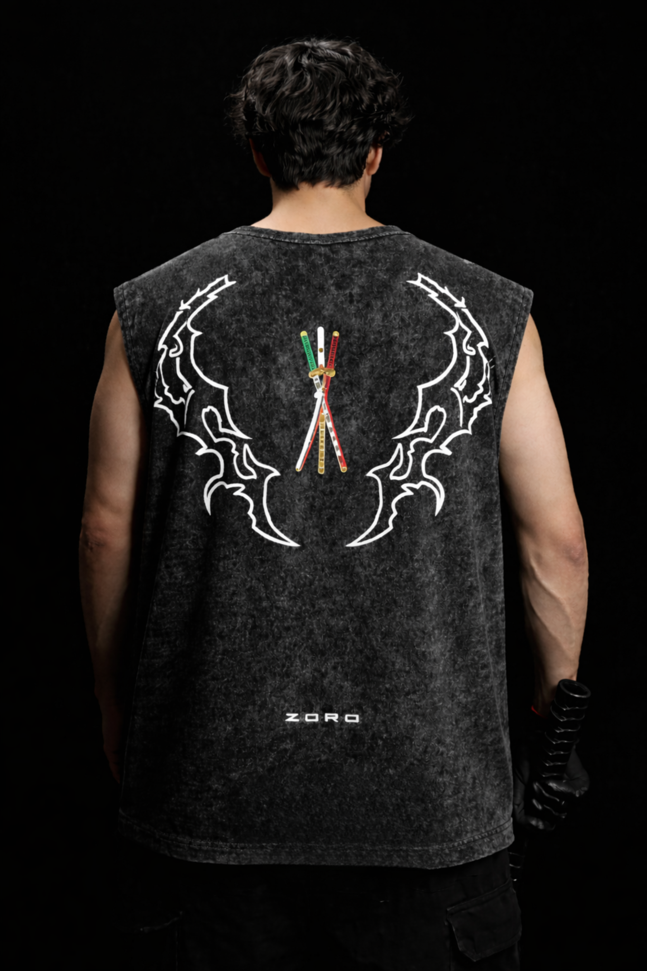 ZORO WINGS Oversized Gym Vest - Acid Wash BLACK