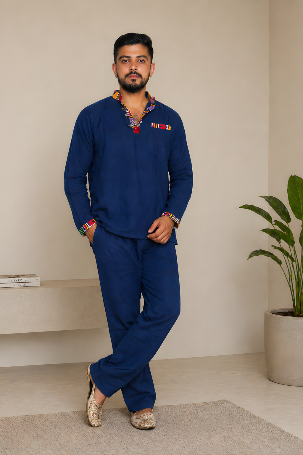 Pahadi Ethnic Kurta Pajama Set - NAVY BLUE
