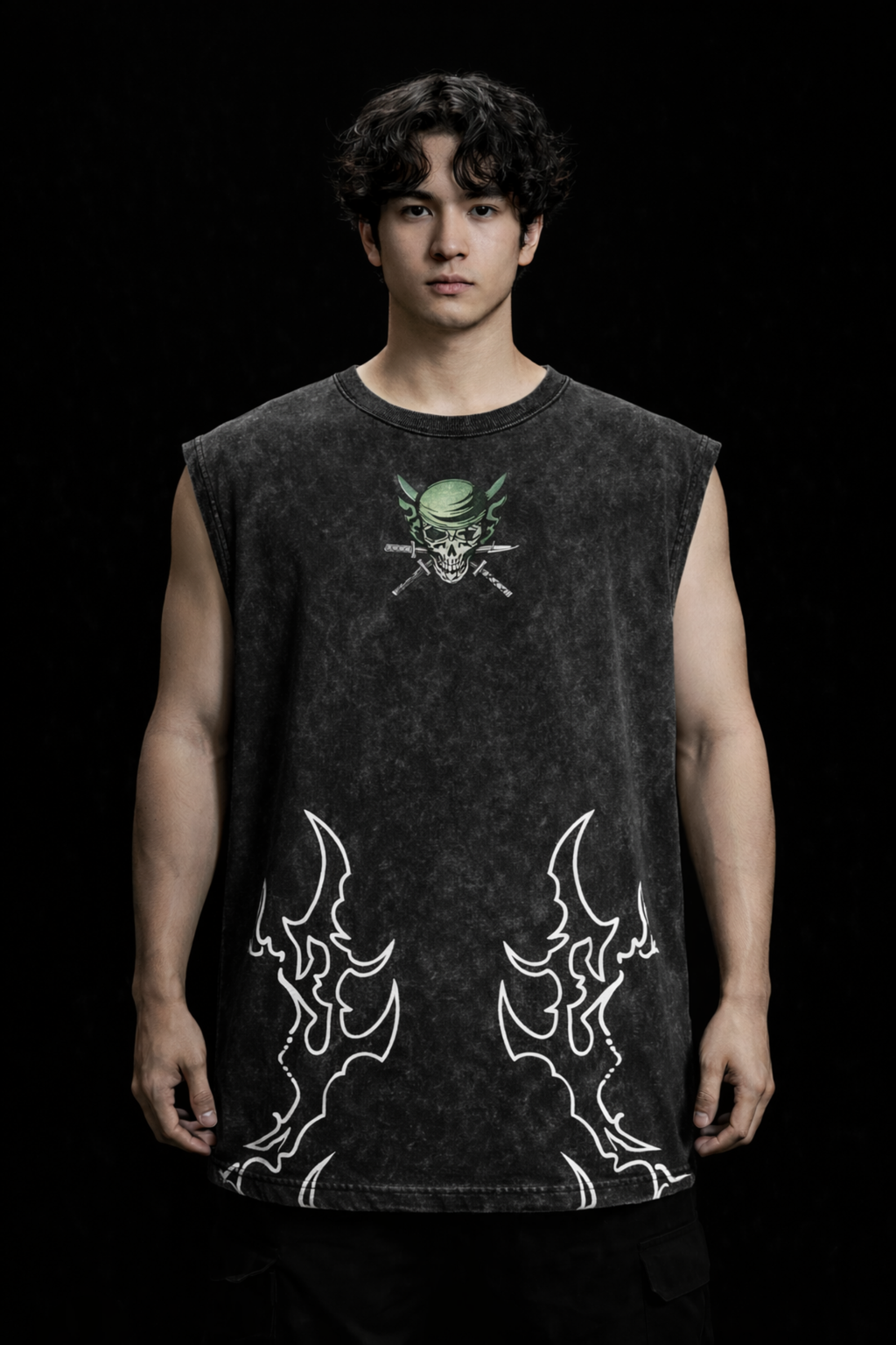 ZORO WINGS Oversized Gym Vest - Acid Wash BLACK