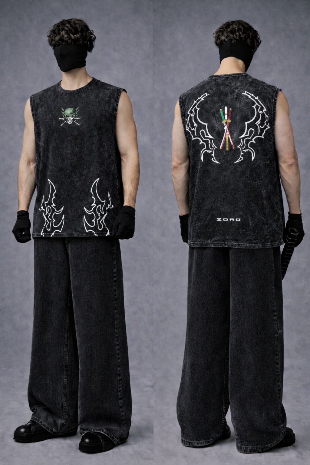 ZORO WINGS Oversized Gym Vest - Acid Wash BLACK