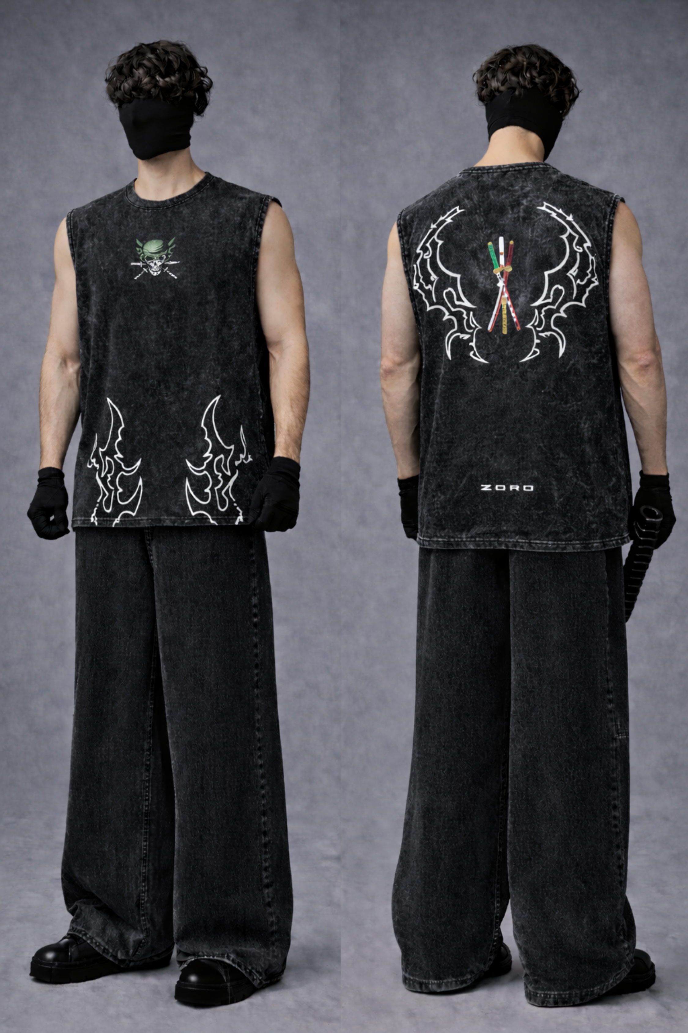 ZORO WINGS Oversized Gym Vest - Acid Wash BLACK