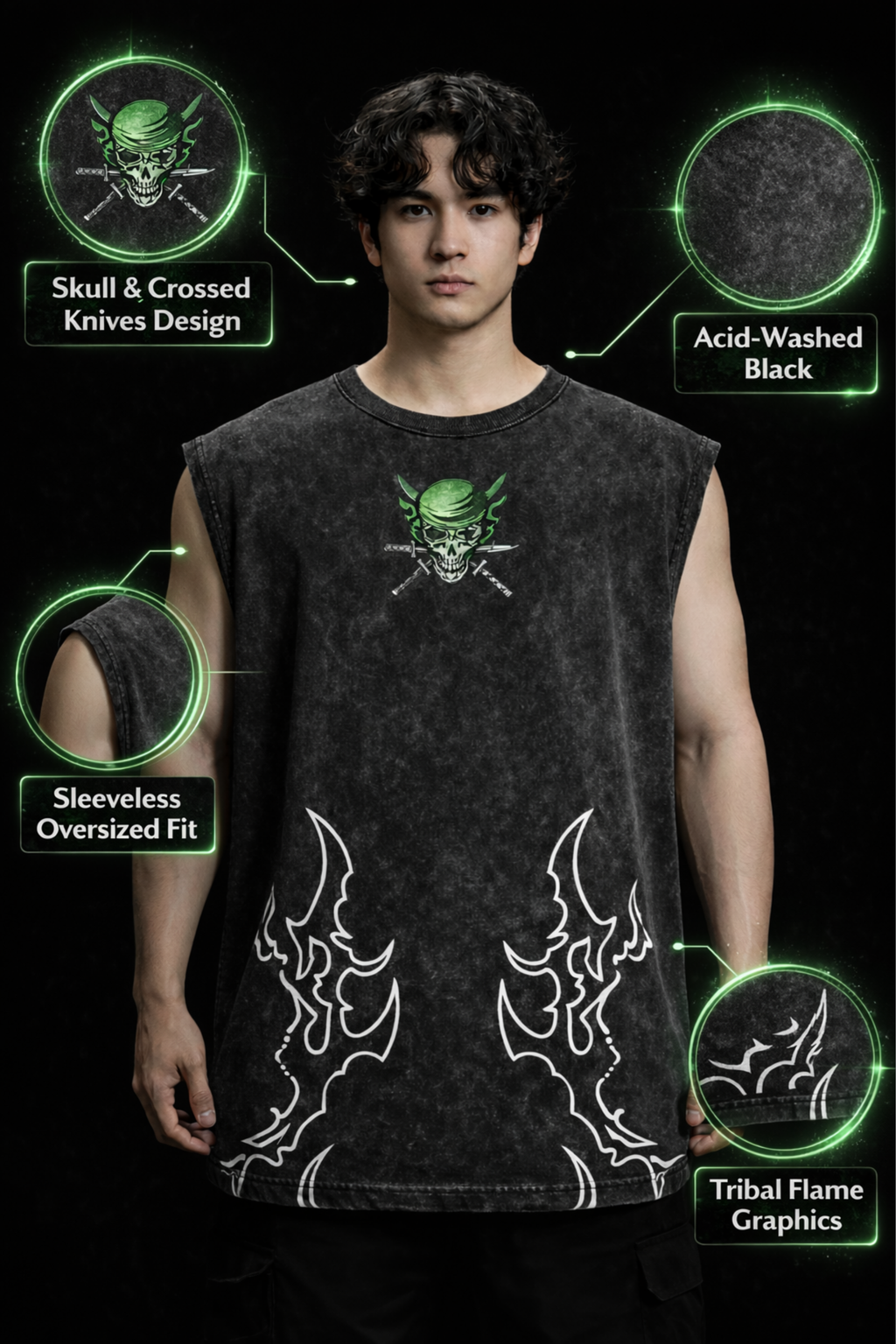 ZORO WINGS Oversized Gym Vest - Acid Wash BLACK