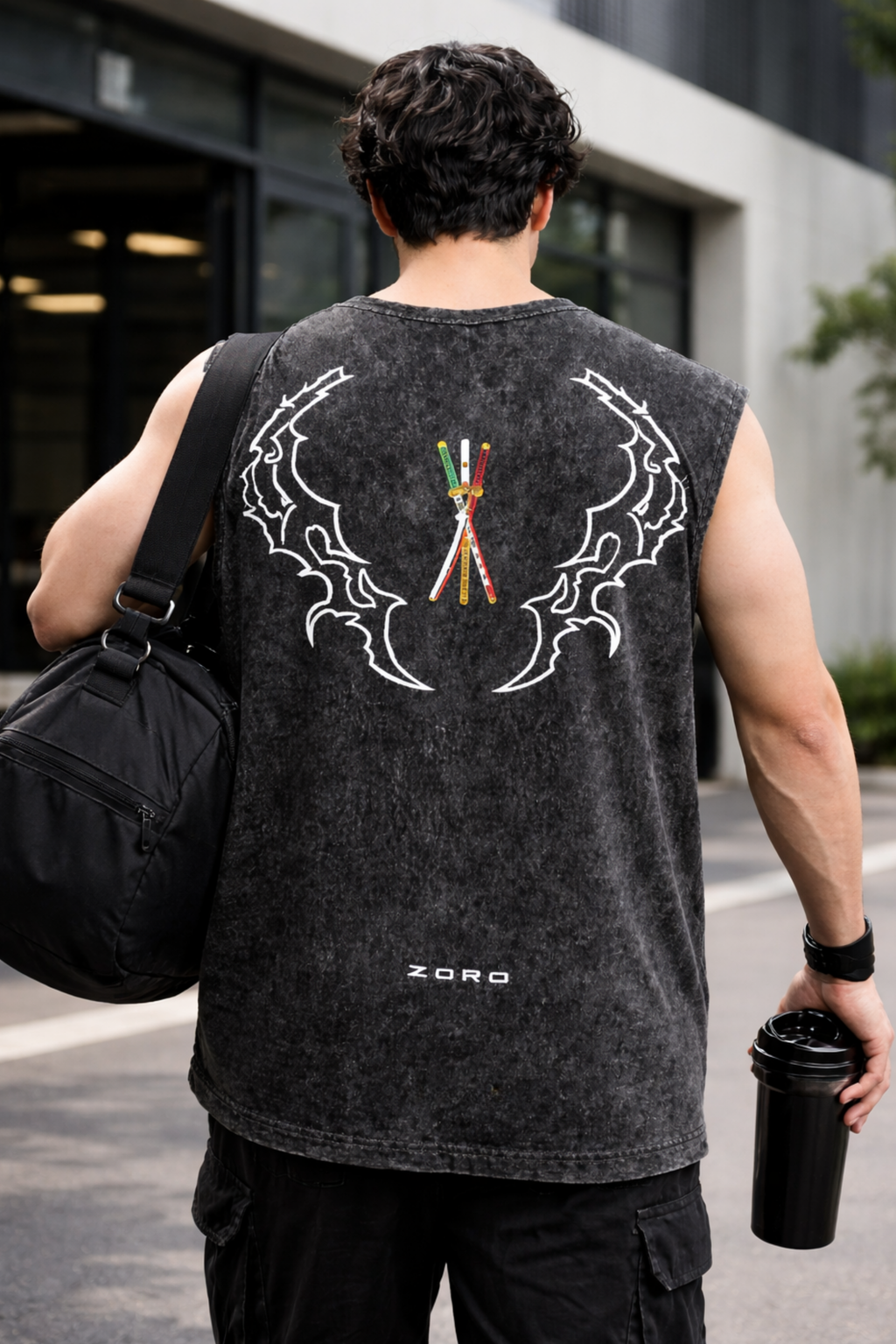 ZORO WINGS Oversized Gym Vest - Acid Wash BLACK
