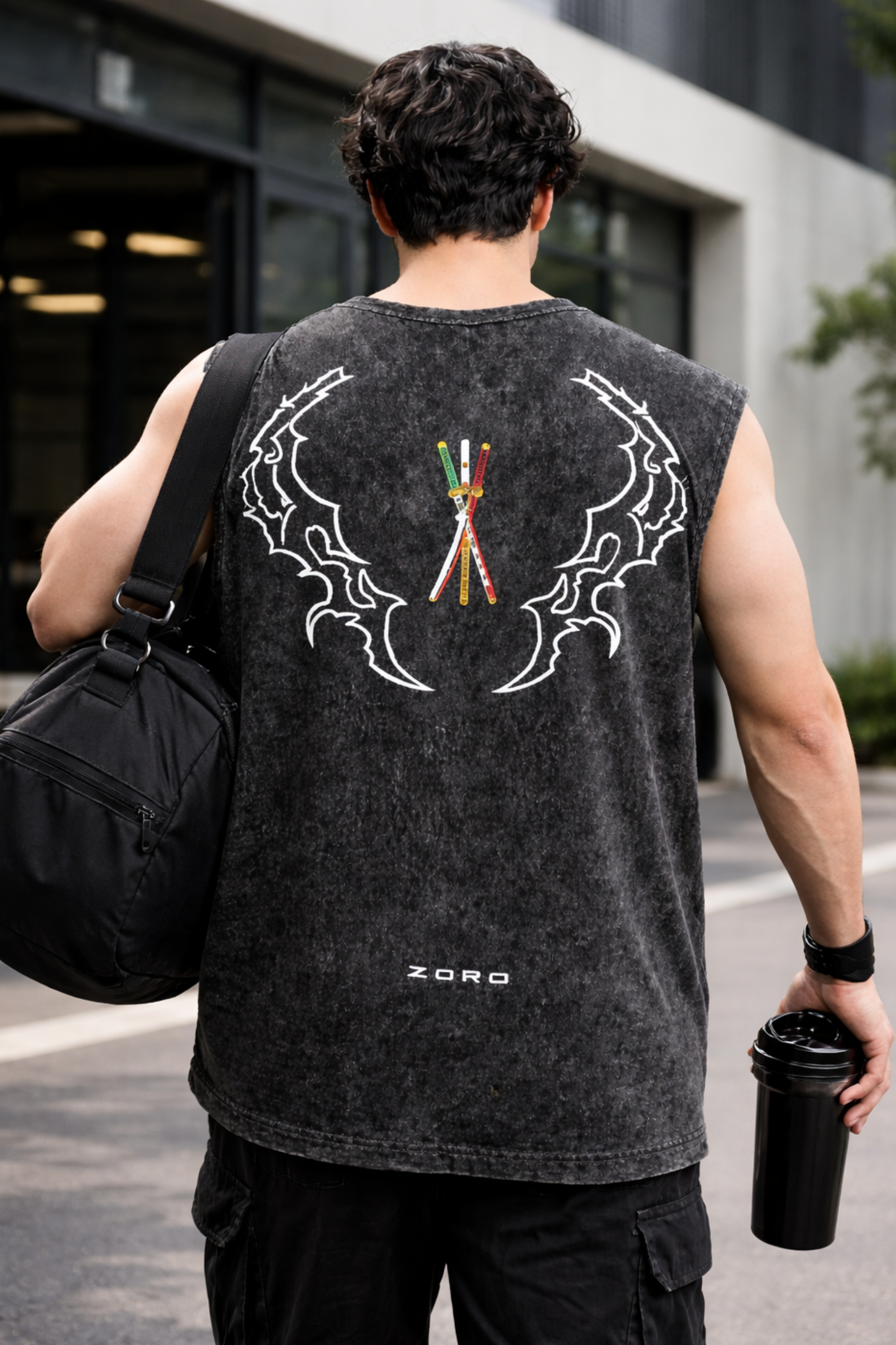 ZORO WINGS Oversized Gym Vest - Acid Wash BLACK