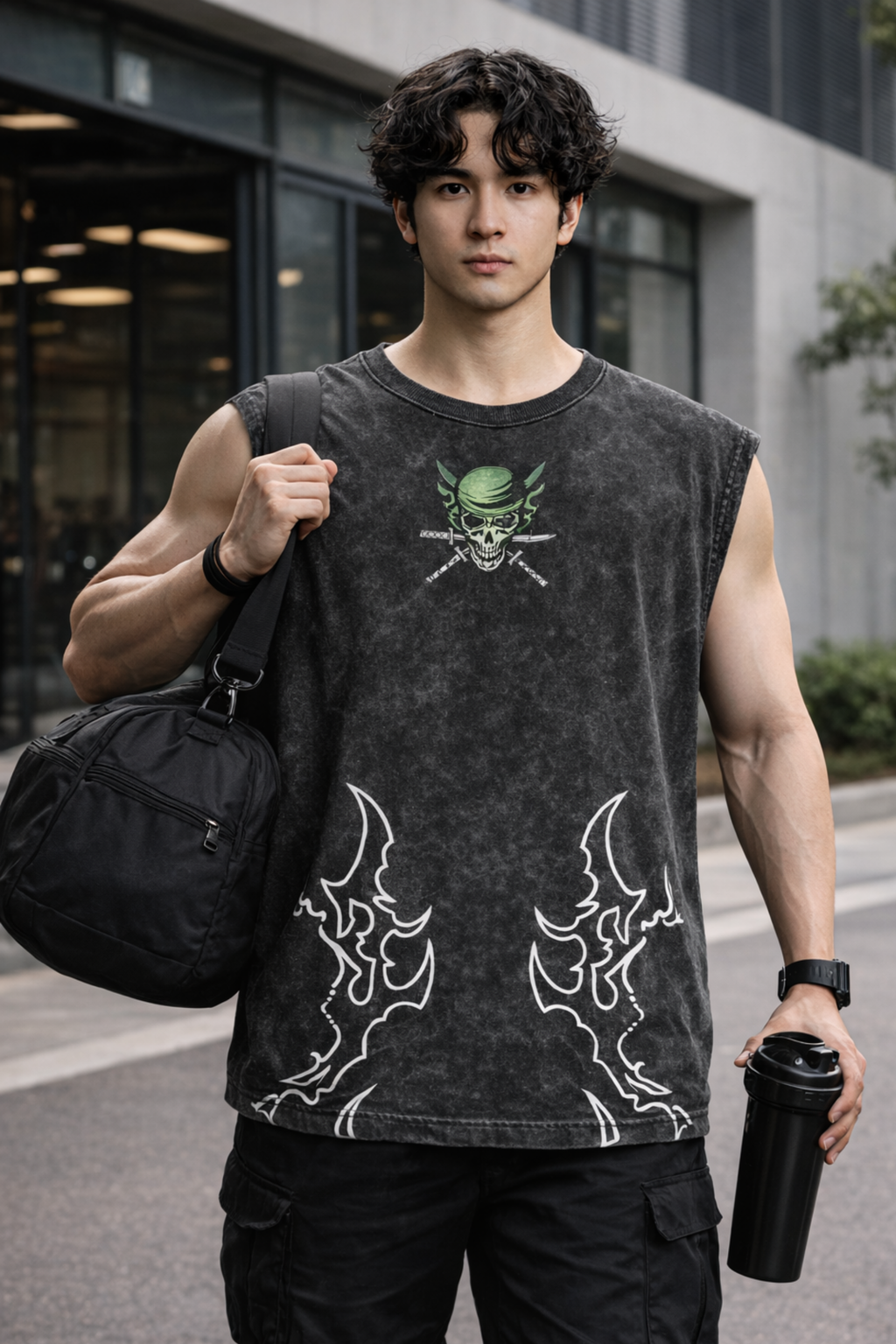 ZORO WINGS Oversized Gym Vest - Acid Wash BLACK