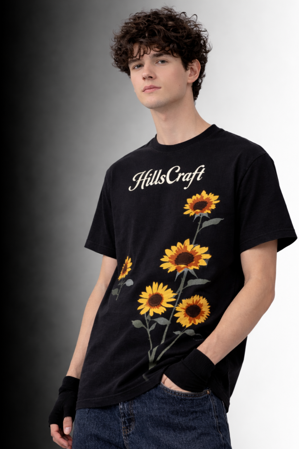 Hillscraft Sunflower Regular Fit T-Shirt- Black
