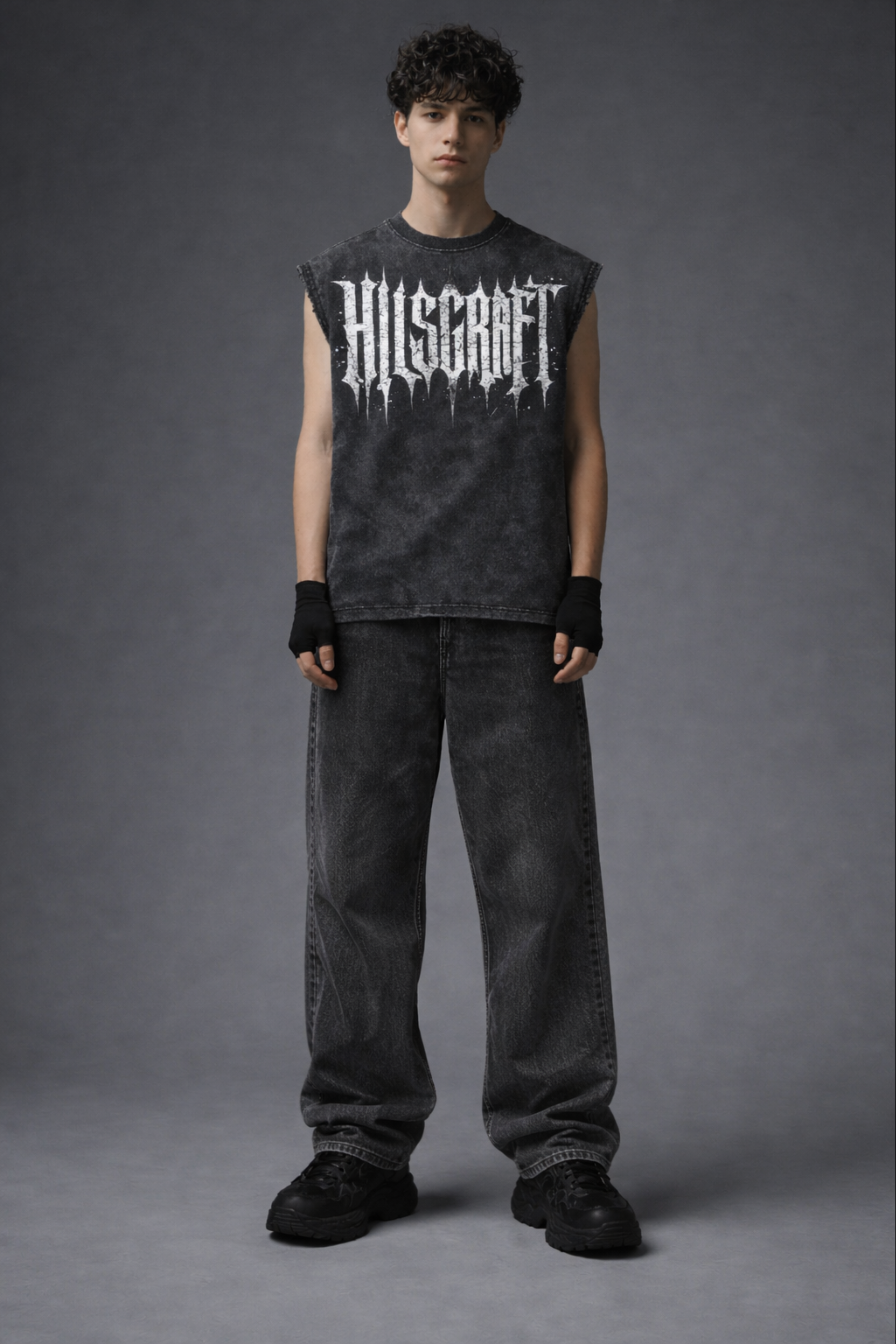 HILLSCRAFT Oversized Gym Vest - Acid Wash BLACK