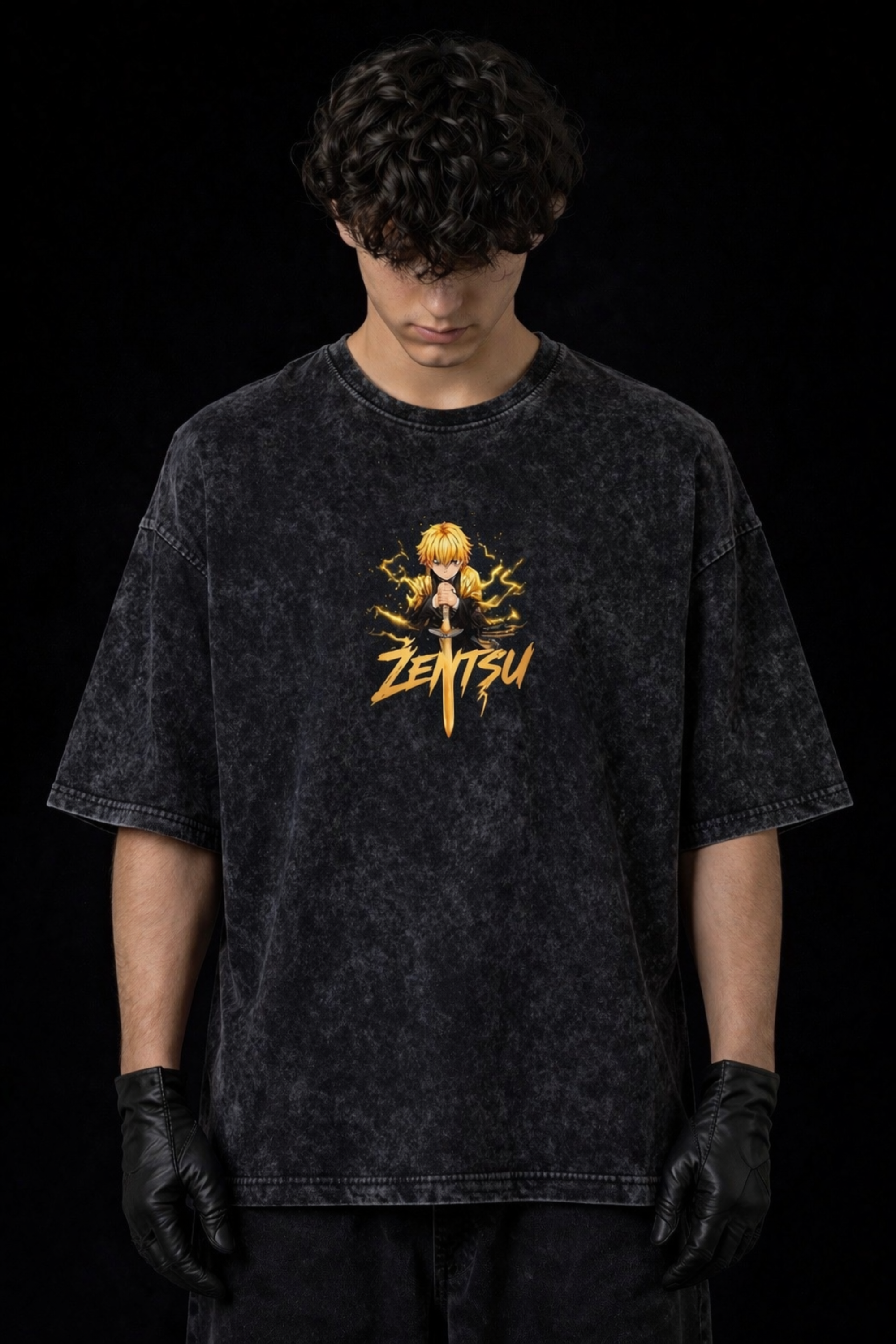 Thunder Focus Zenitsu Acidwash Oversized Tee – Black – Hills Craft