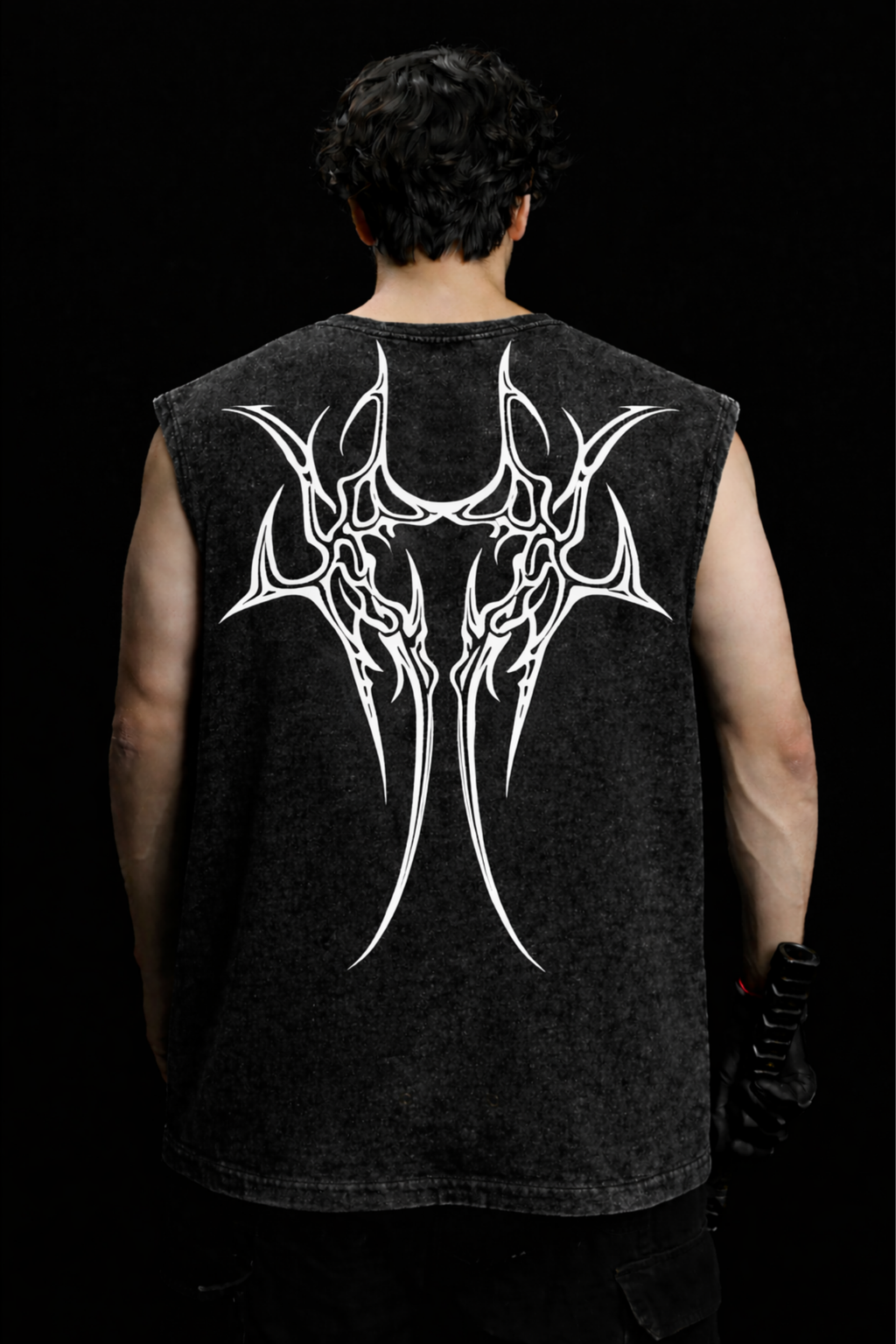 HILLSCRAFT TRIBAL Oversized Gym Vest - Acid Wash BLACK