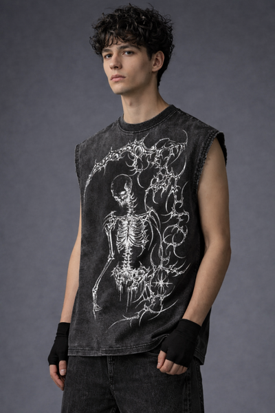 SHADOW REAPER Oversized Gym Vest - Acid Wash BLACK