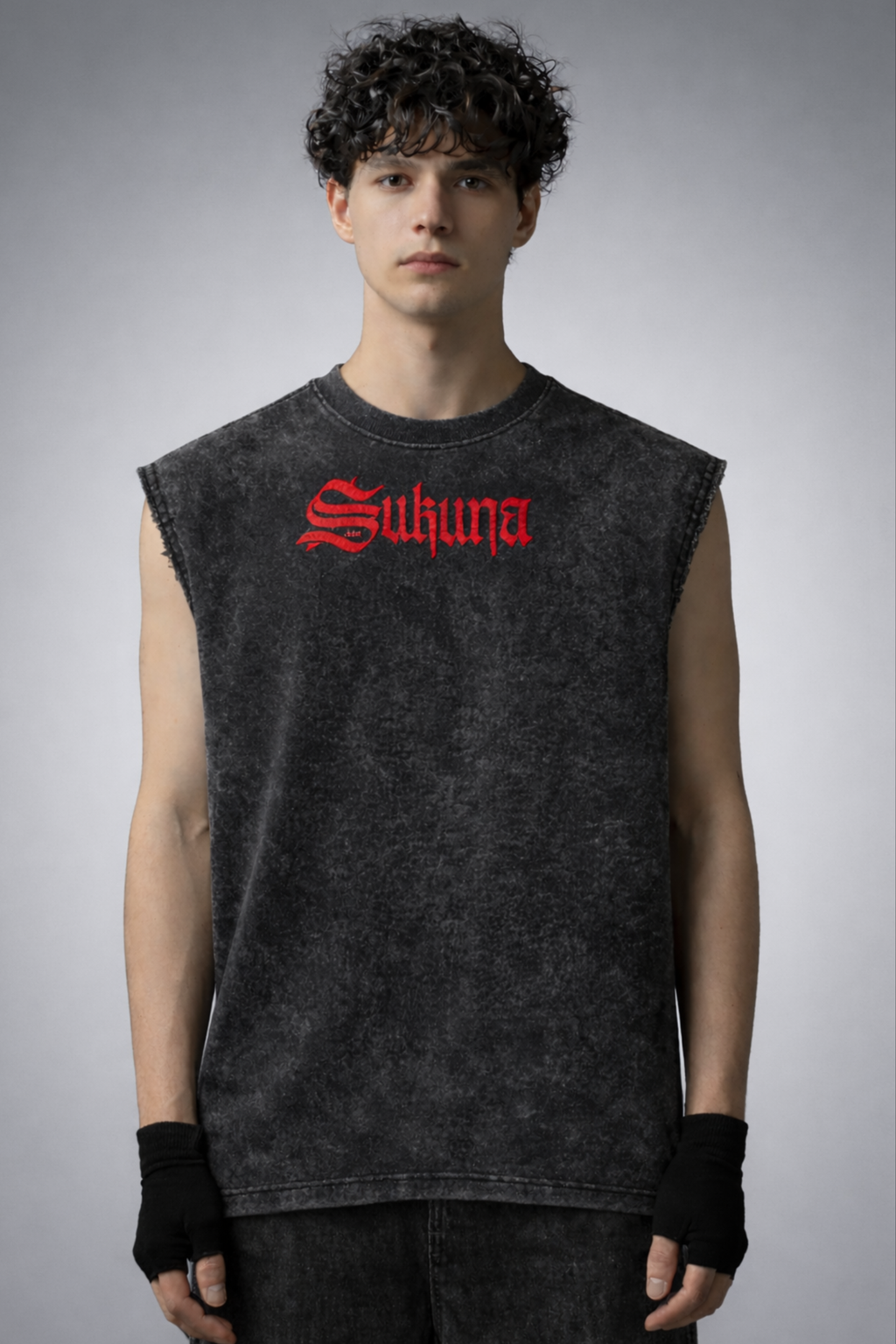 SUKUNA Oversized Gym Vest - Acid Wash BLACK