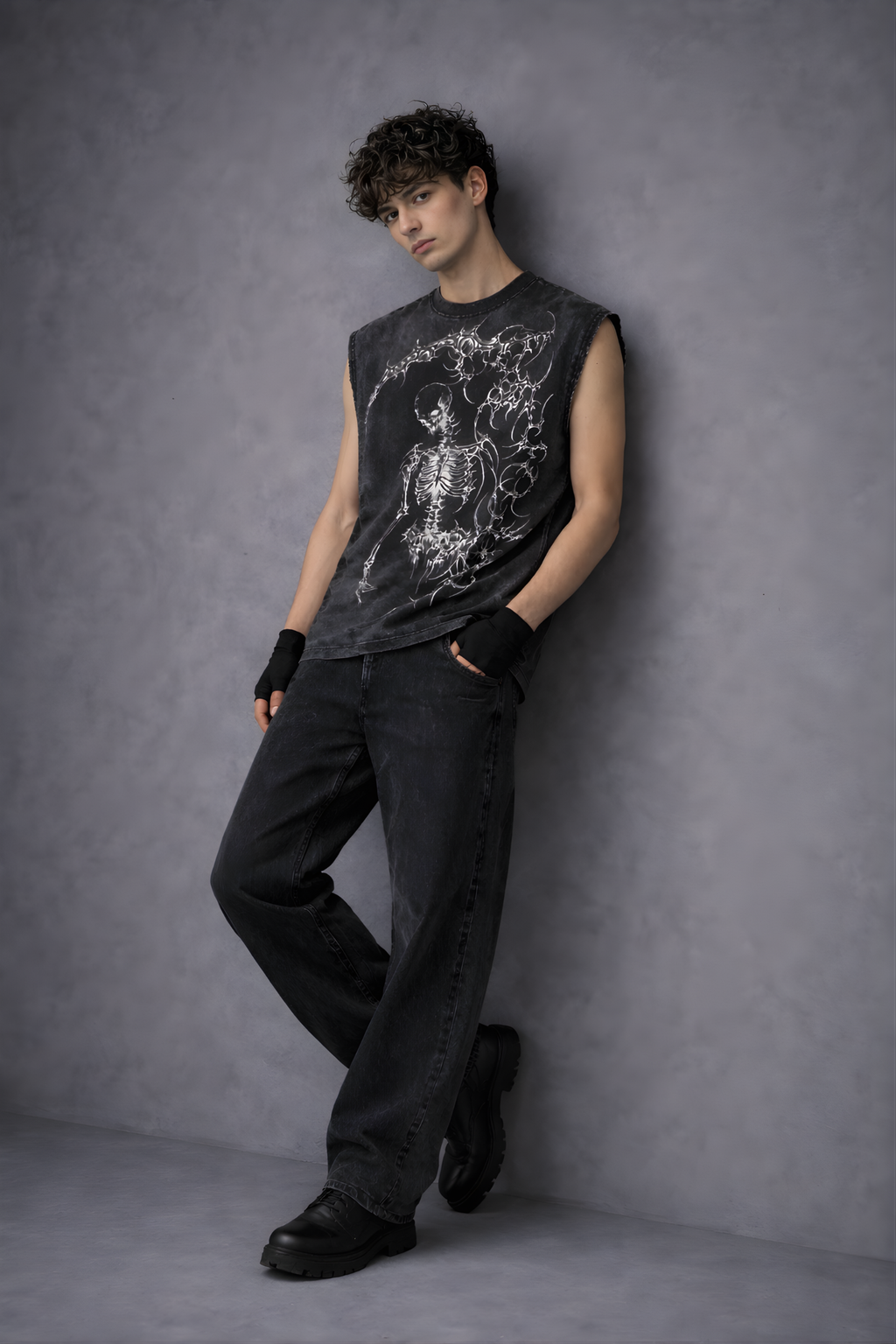 SHADOW REAPER Oversized Gym Vest - Acid Wash BLACK