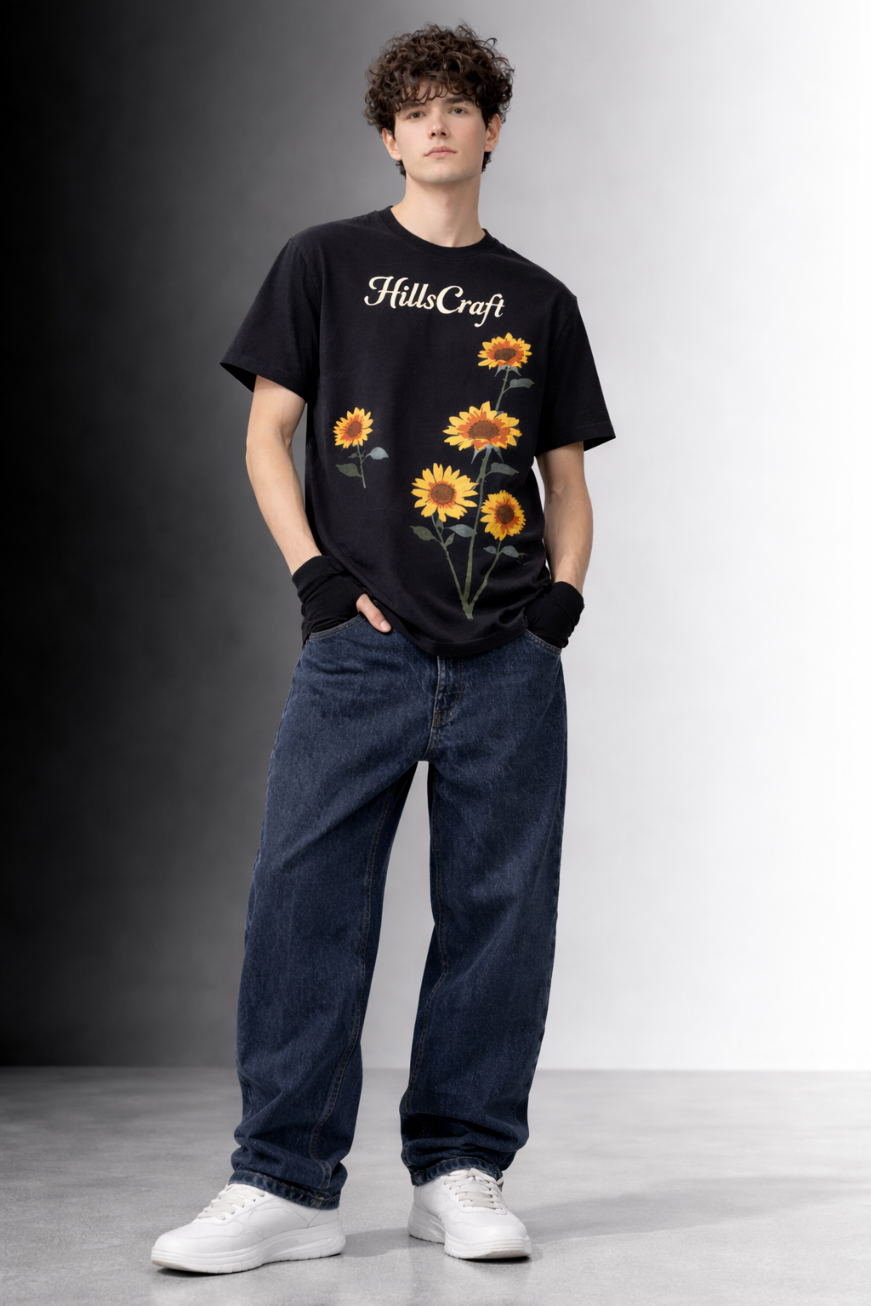 Hillscraft Sunflower Regular Fit T-Shirt- Black