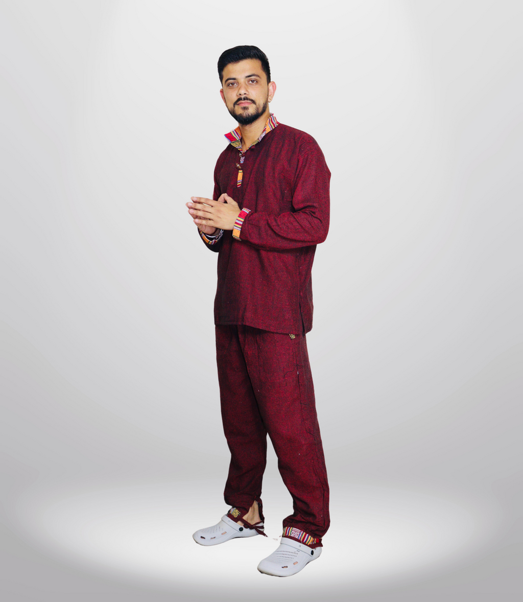 Himachali Cotton Kurta - Pajama - Maroon