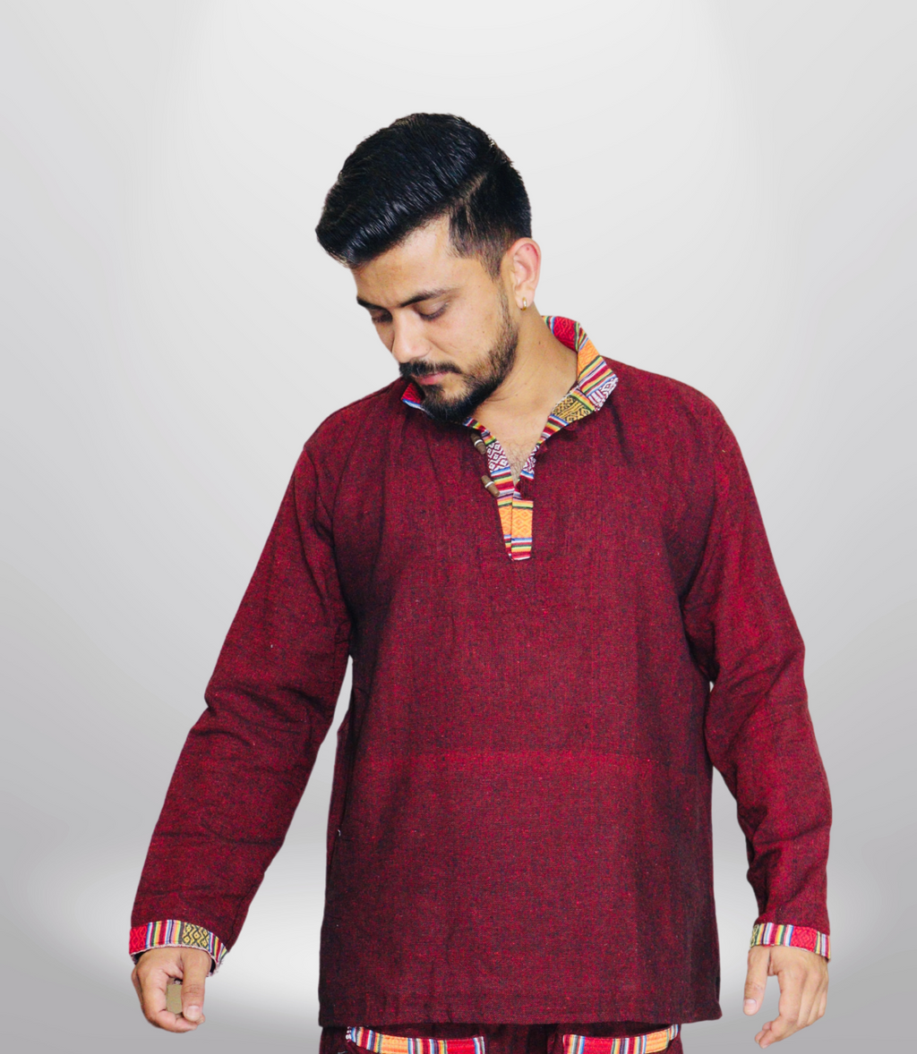 Cotton Khadi Ethnic Shirt - Maroon