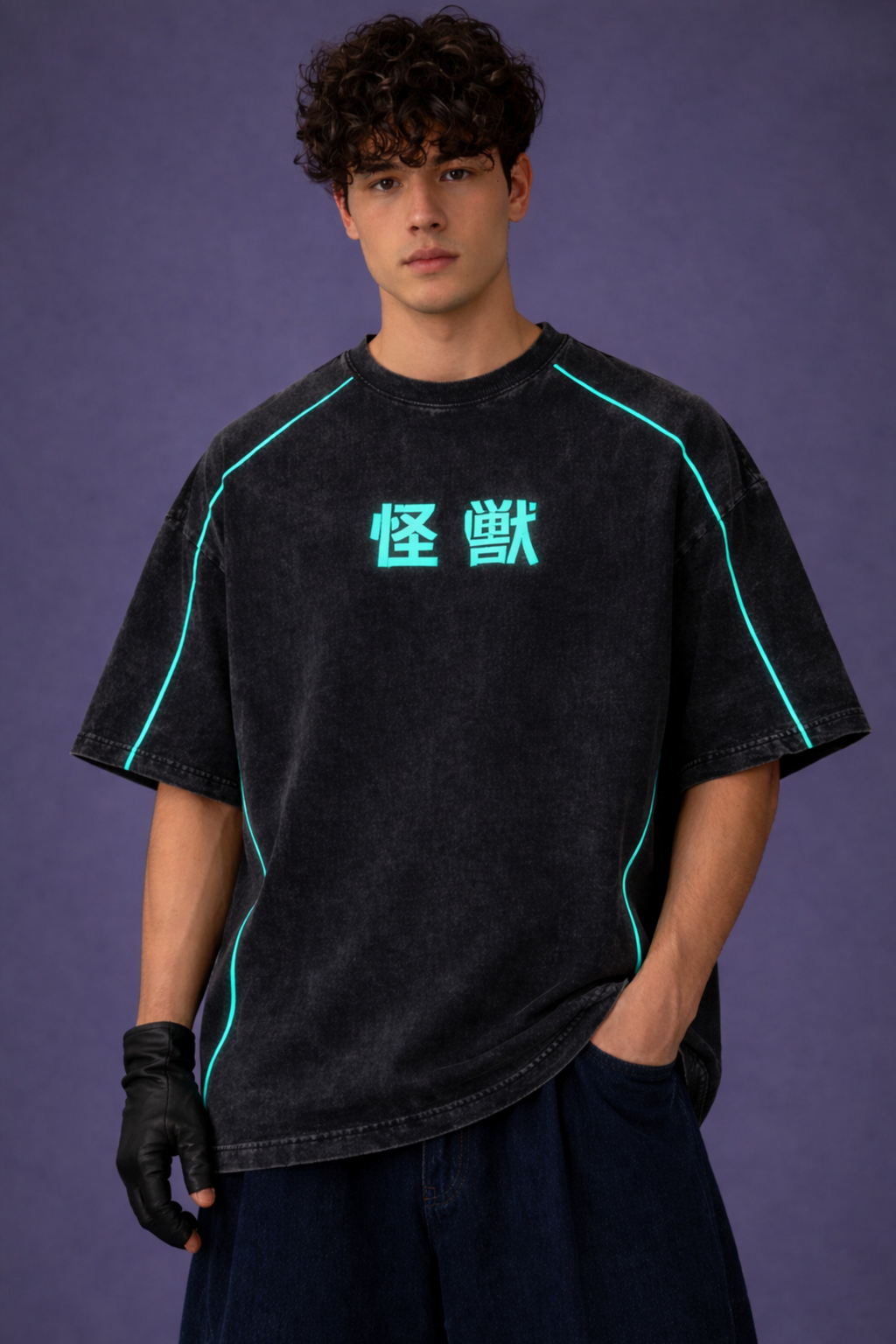 Kaiju Storm Acidwash Oversized Tee – Black