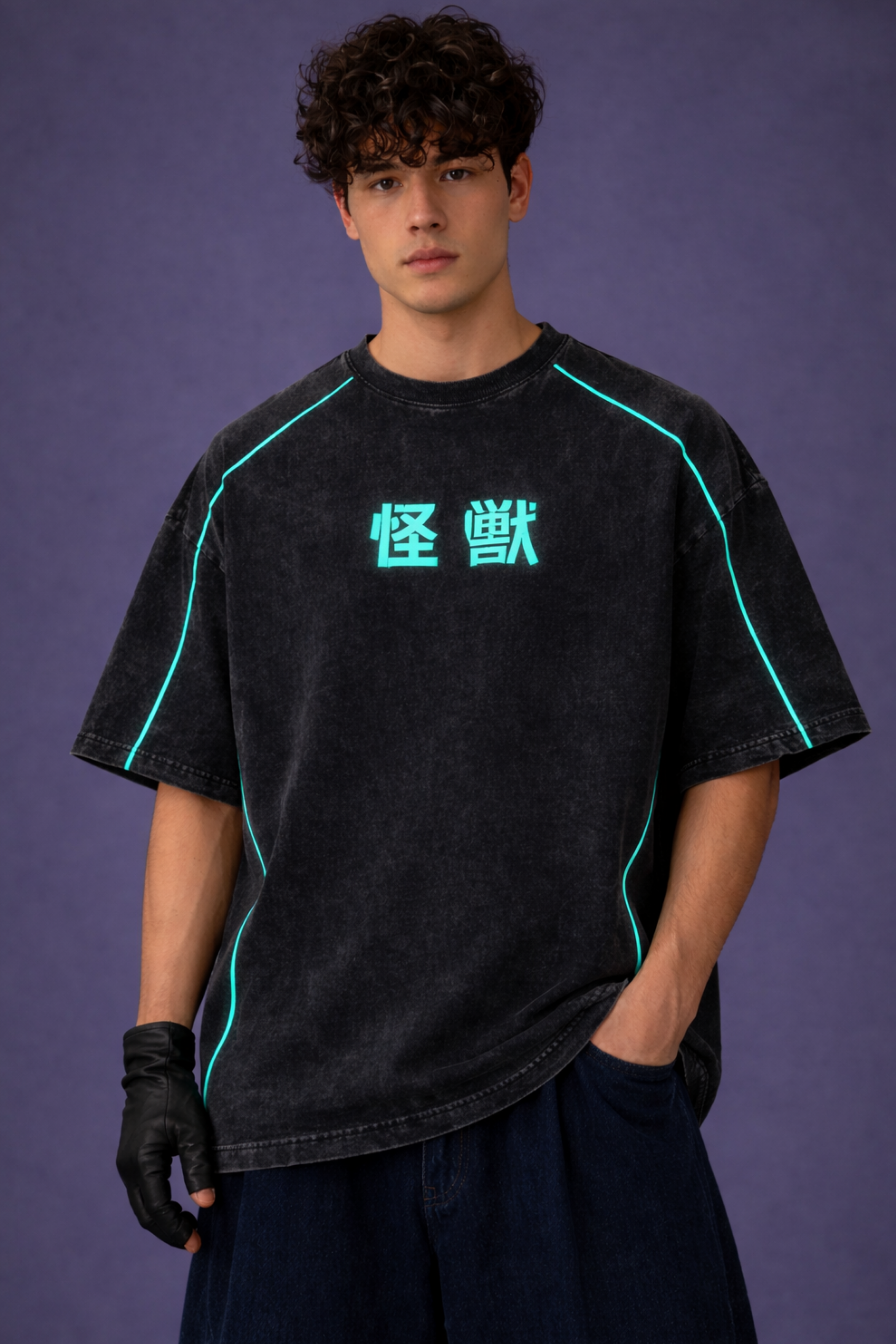Kaiju Storm Acidwash Oversized Tee – Black