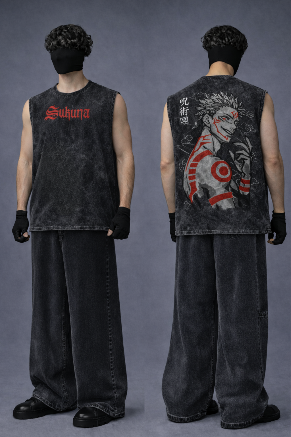 SUKUNA Oversized Gym Vest - Acid Wash BLACK