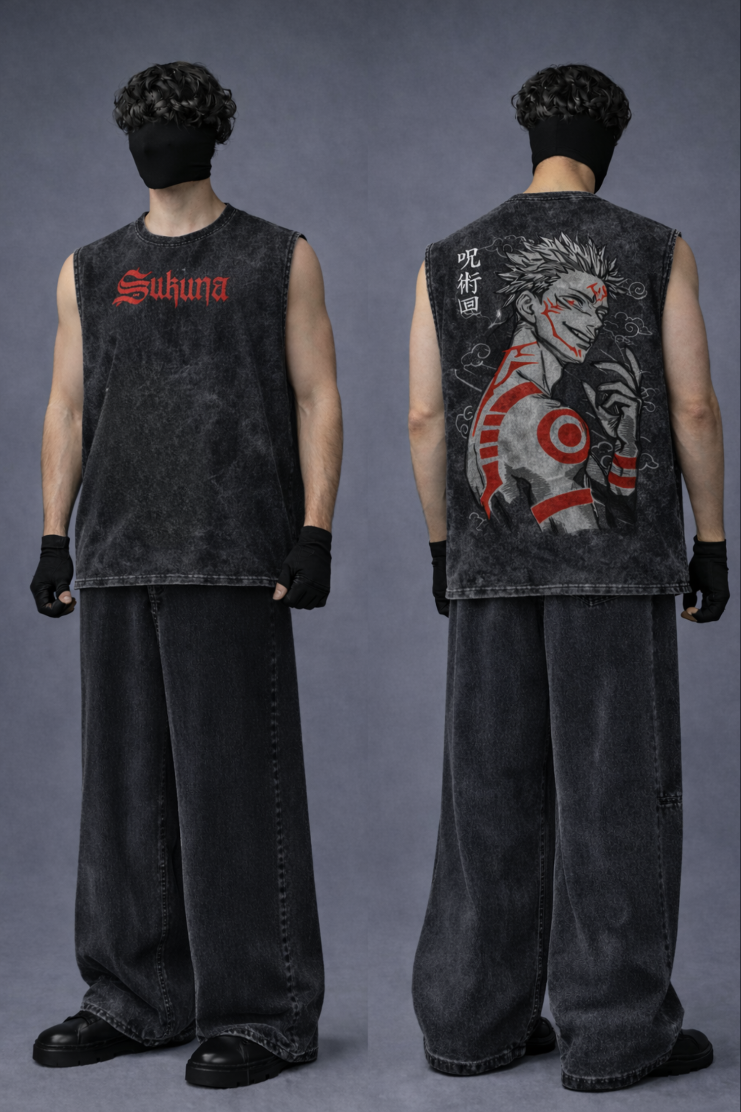 SUKUNA Oversized Gym Vest - Acid Wash BLACK