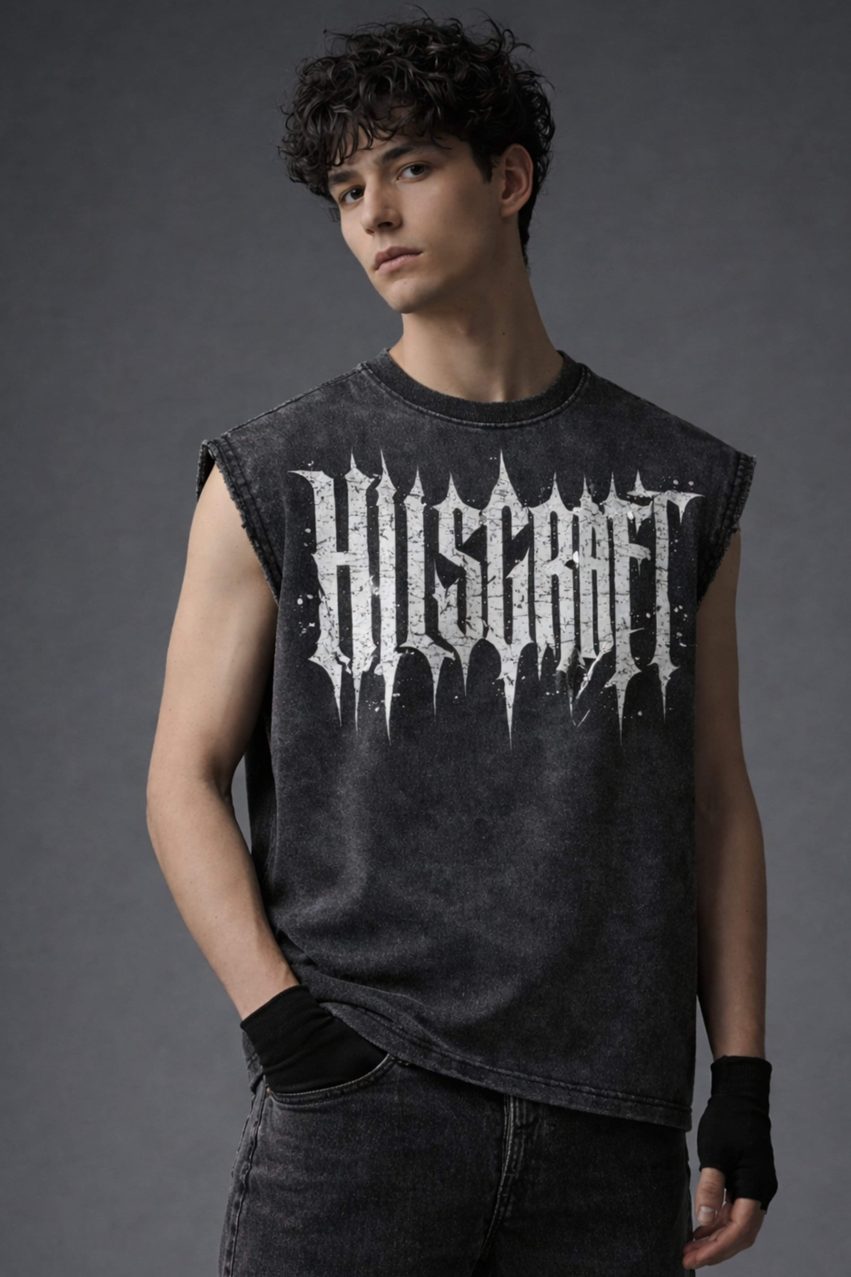 HILLSCRAFT Oversized Gym Vest - Acid Wash BLACK