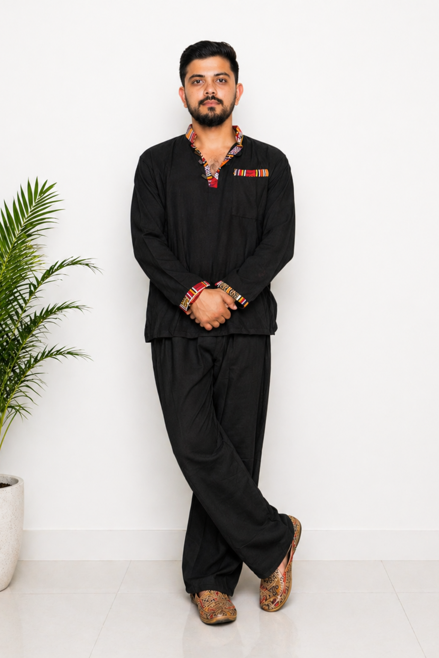 Pahadi Ethnic Kurta Pajama Set - BLACK